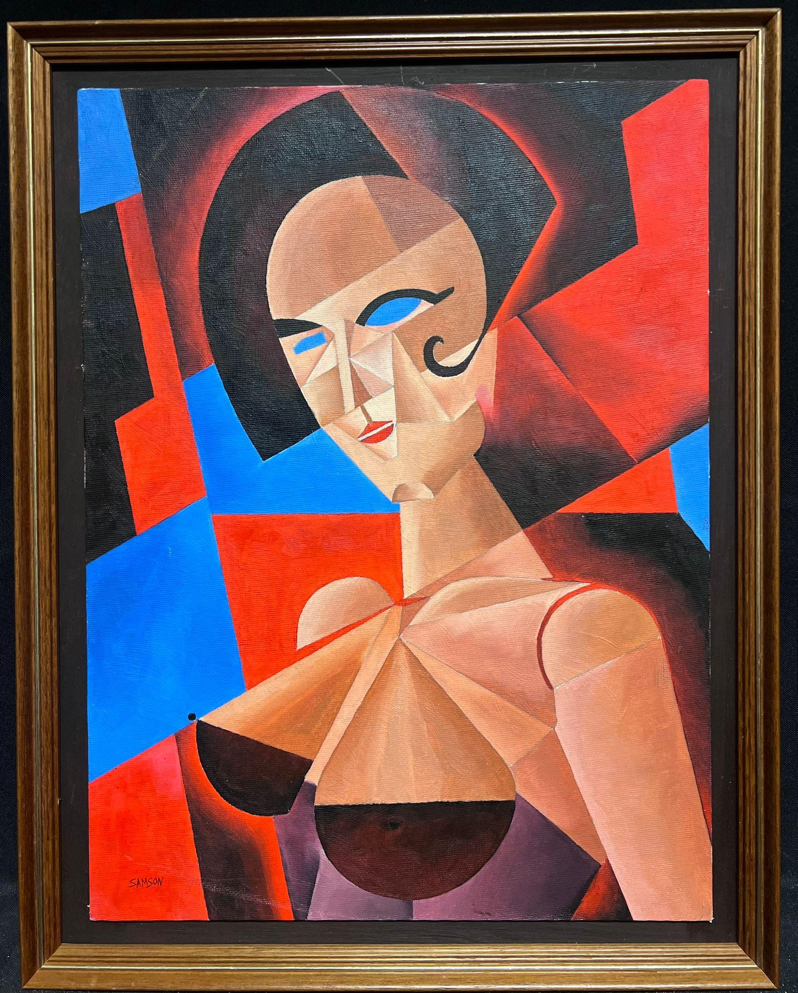Abstraktes, kubistisches, signiertes Ölgemälde, Porträt einer Frau in eckigen Formen – Painting von British Cubist