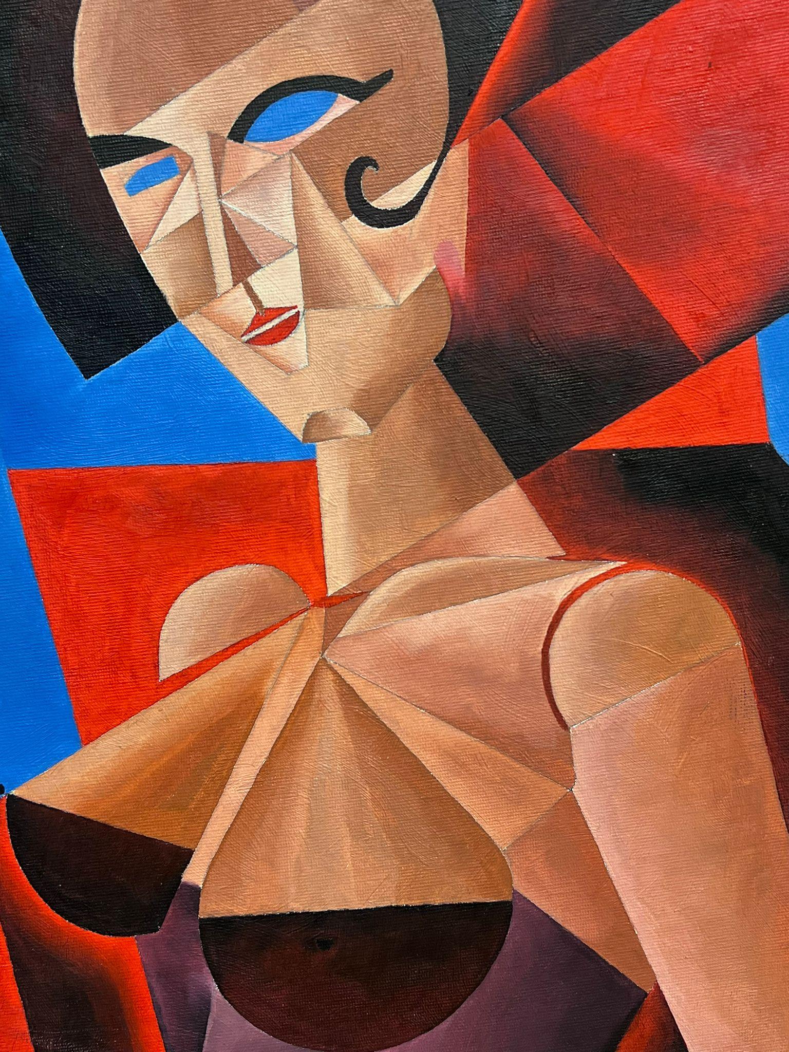 Abstraktes, kubistisches, signiertes Ölgemälde, Porträt einer Frau in eckigen Formen im Angebot 1