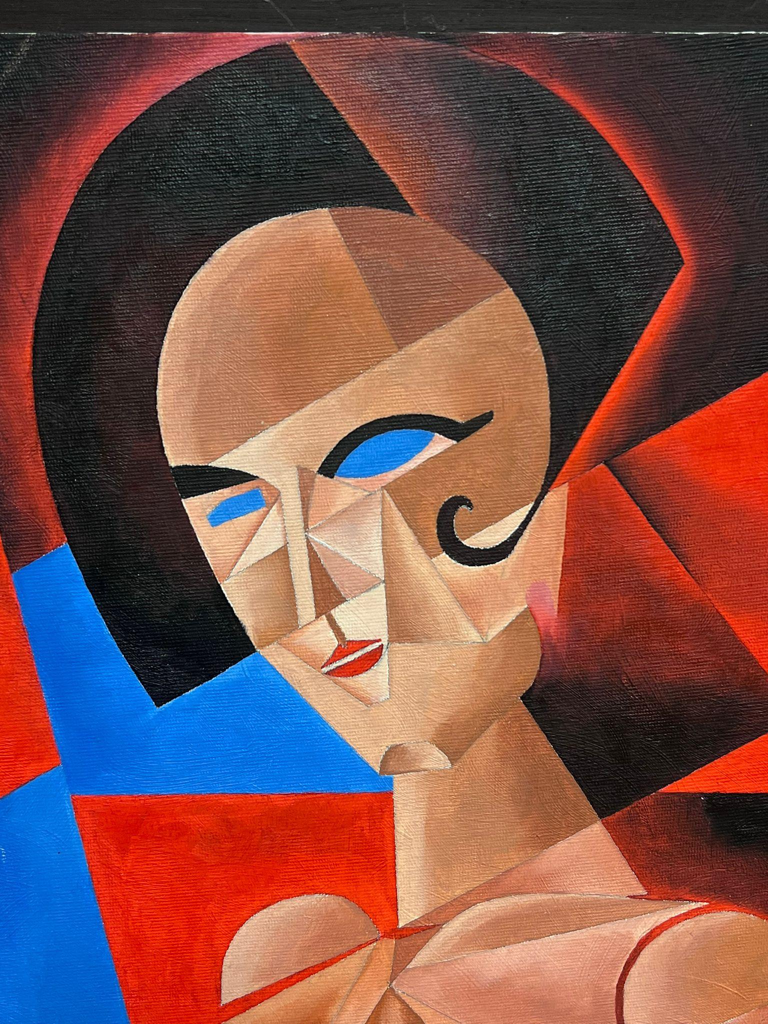 Abstract Cubist Signed Oil Painting Portrait of Woman Angular Shapes For Sale 4