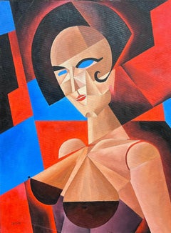 Peinture à l'huile abstraite cubiste signée représentant un portrait de femme aux formes angulaires