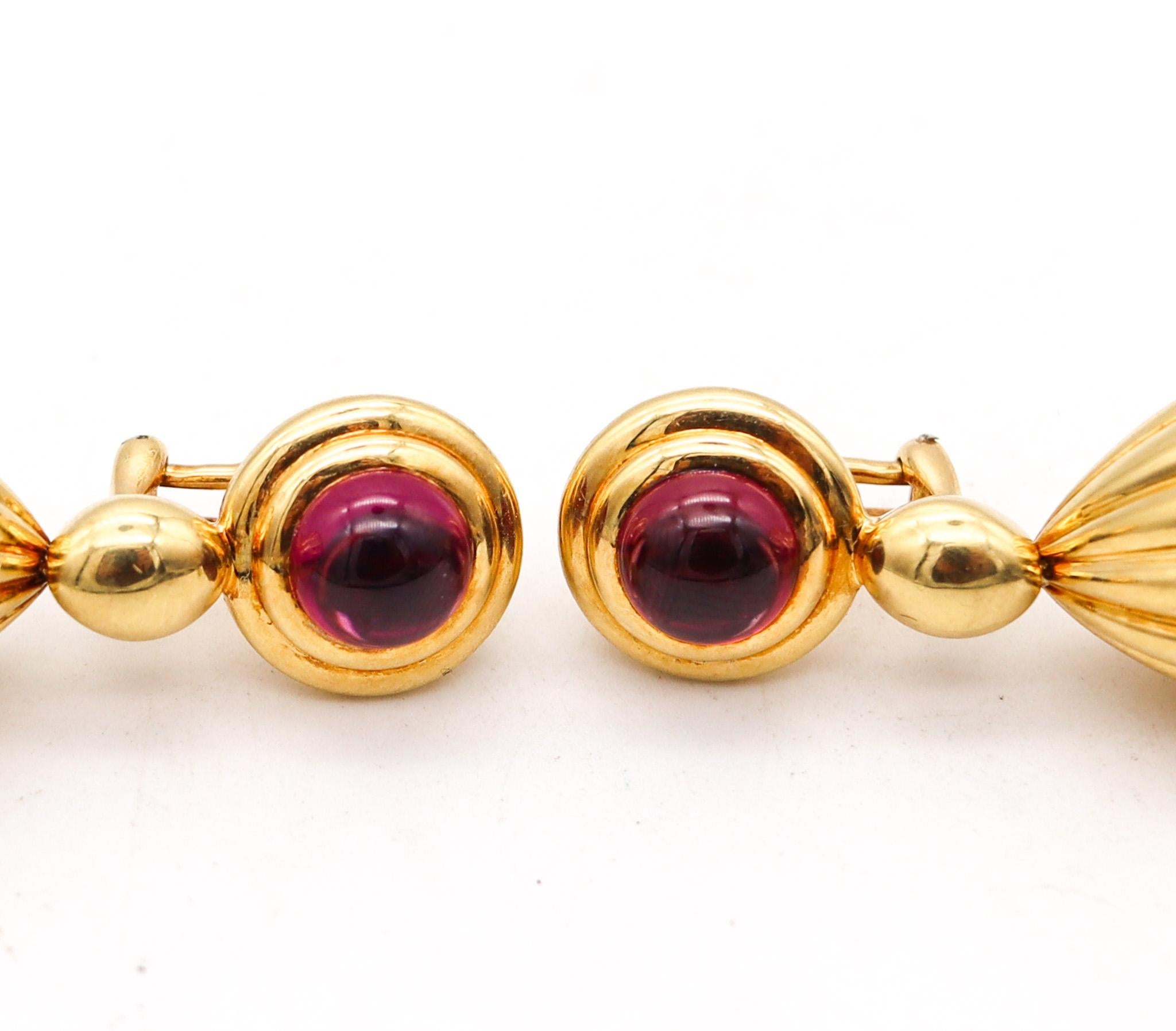 Modernist British Dangle Drop Earrings In 18Kt Gold With 17.46 Ctw Diamonds And Rhodolite For Sale
