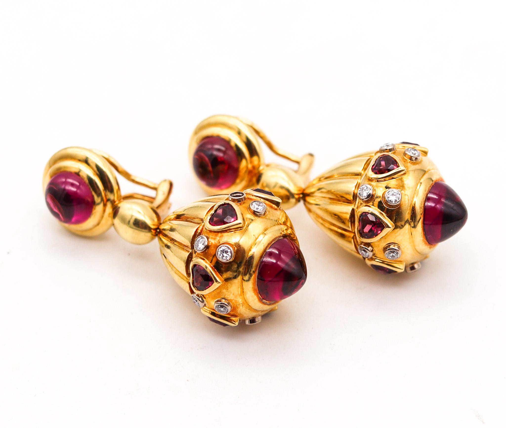 Brilliant Cut British Dangle Drop Earrings In 18Kt Gold With 17.46 Ctw Diamonds And Rhodolite For Sale