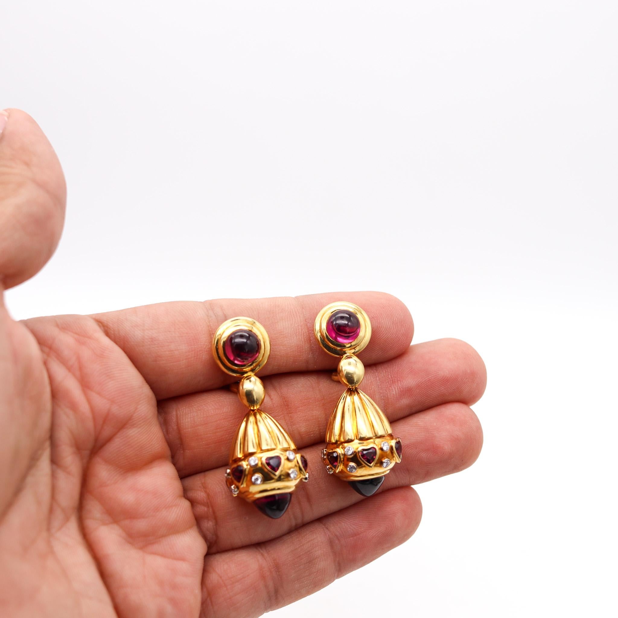 British Dangle Drop Earrings In 18Kt Gold With 17.46 Ctw Diamonds And Rhodolite For Sale 2