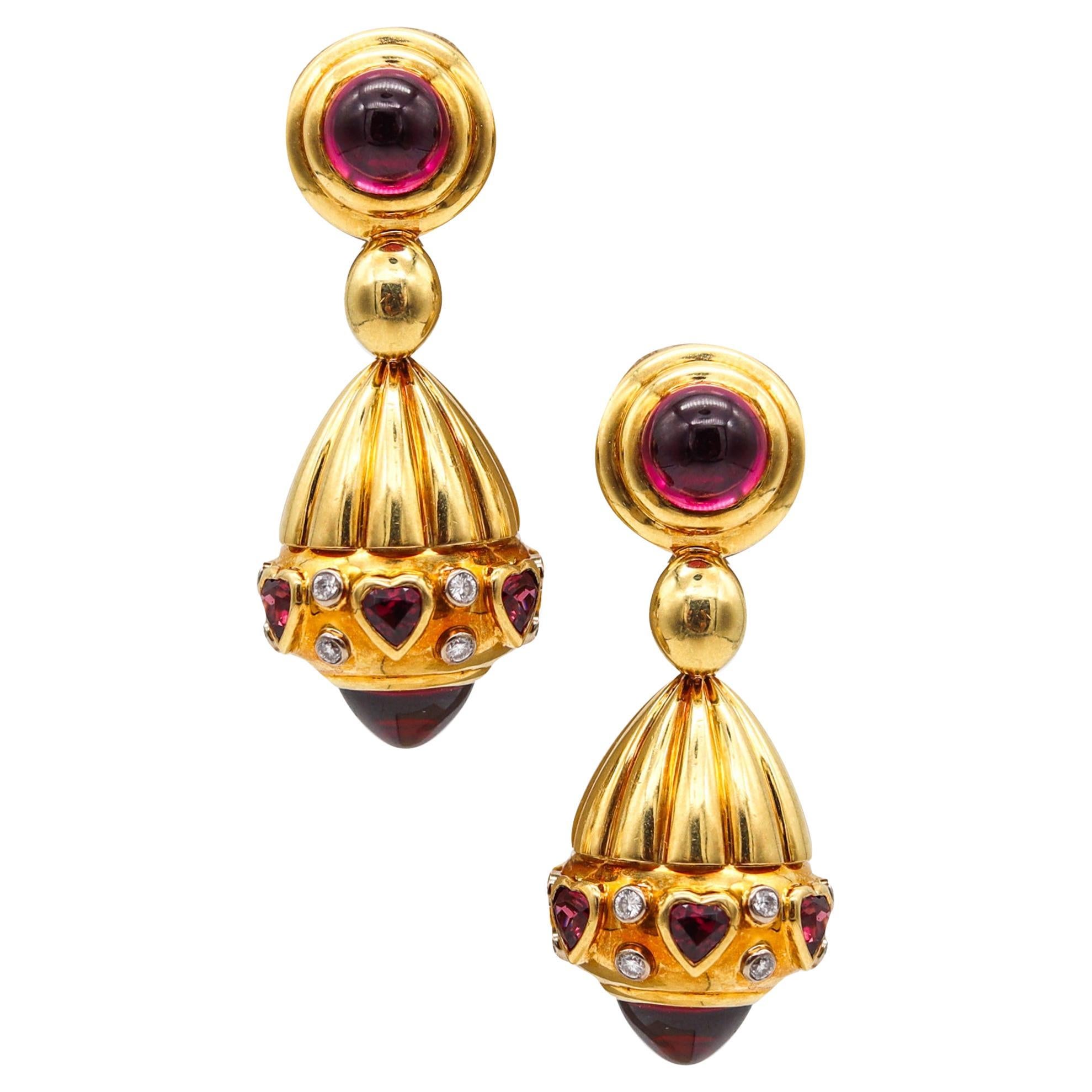 British Dangle Drop Earrings In 18Kt Gold With 17.46 Ctw Diamonds And Rhodolite For Sale