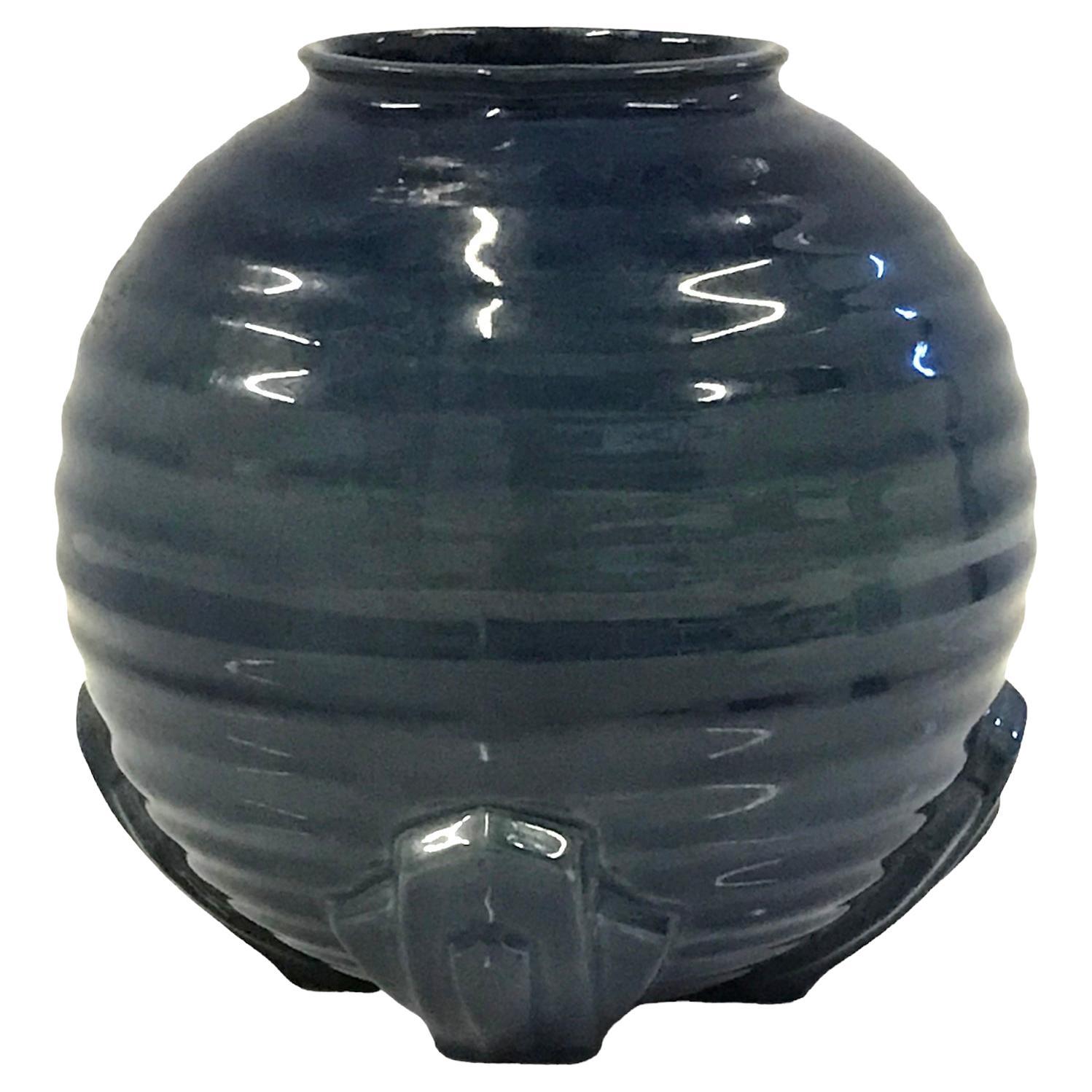 British Deco 1940s Bulbous Ribbed Ceramic Vase, England