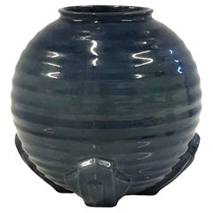 British Deco 1940s Bulbous Ribbed Ceramic Vase, England