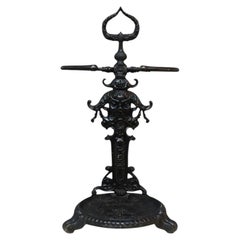 British Embossed Figural & Floral Cast Iron Umbrella Stand, Signed, c1880