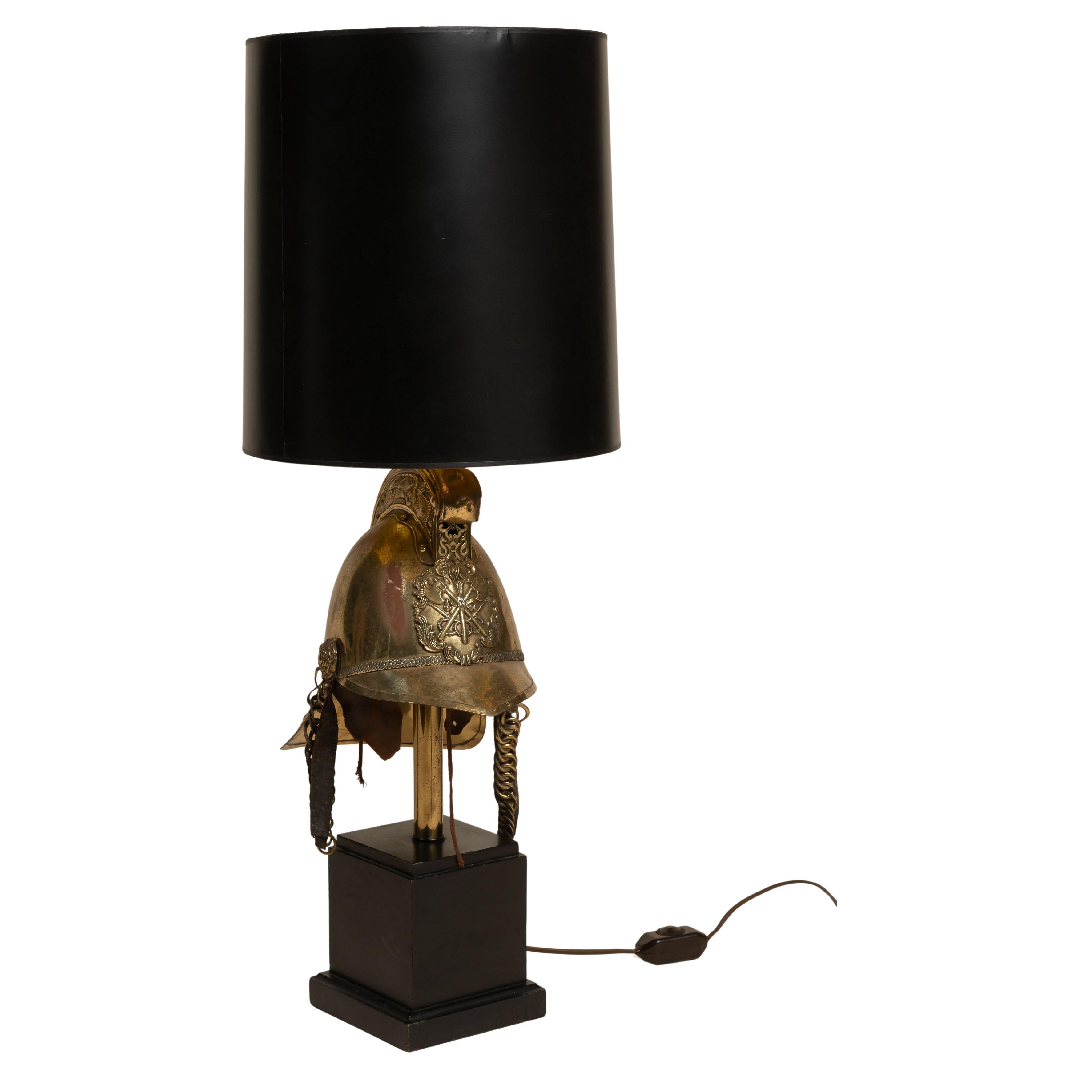 British Fireman's Brigade Helmet Lamp in Brass on Wood, England