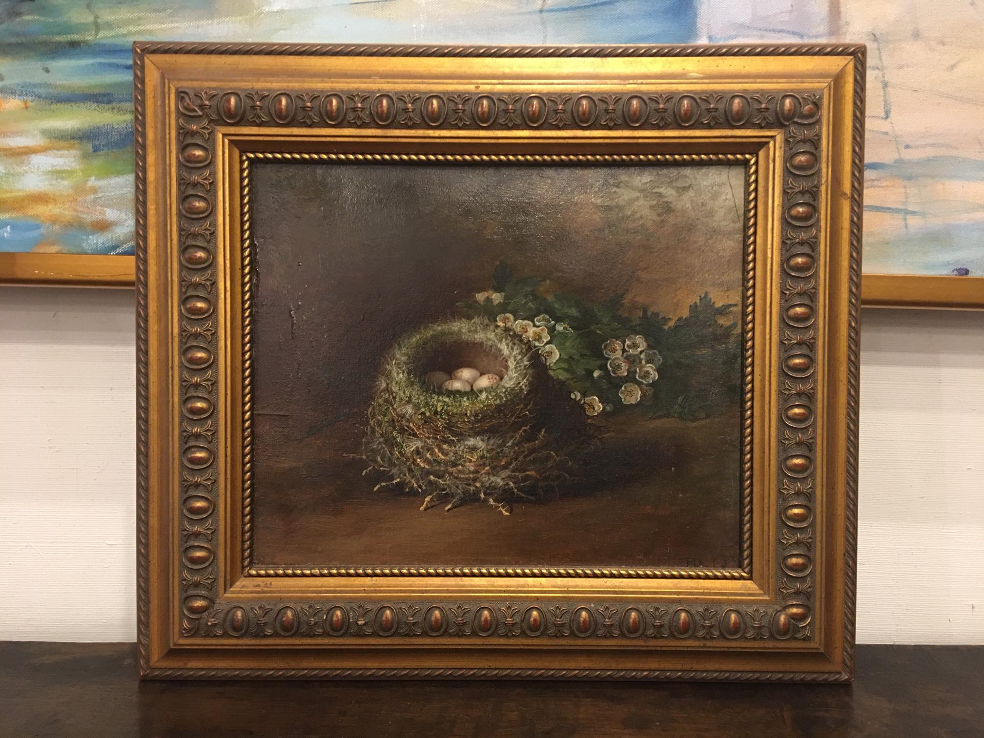 19th century framed painting on canvas, The Bird's Nest, signed lower right T Hold (Tom Hold, British, 19th century), retaining stamp on canvas verso.

Tom Hold (1843-?)
The grandson of Thomas and Mary Hold and son of Abel Hold. Tom was born in 1843