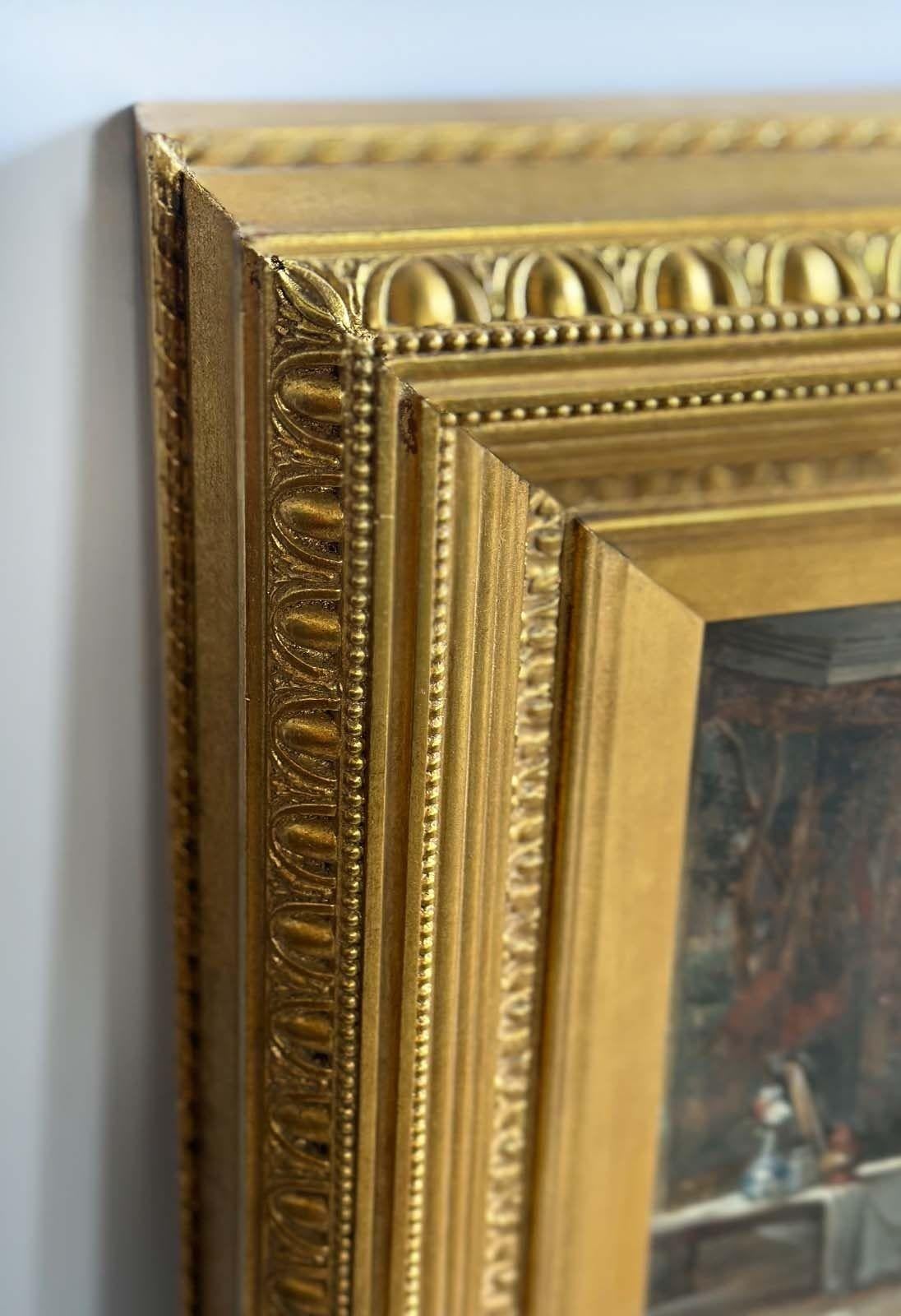Beautiful antique oil on panel depicting Amy Robsart having her wedding dress shown in her master bedroom. It is protected by a gilt wood frame. Signed 