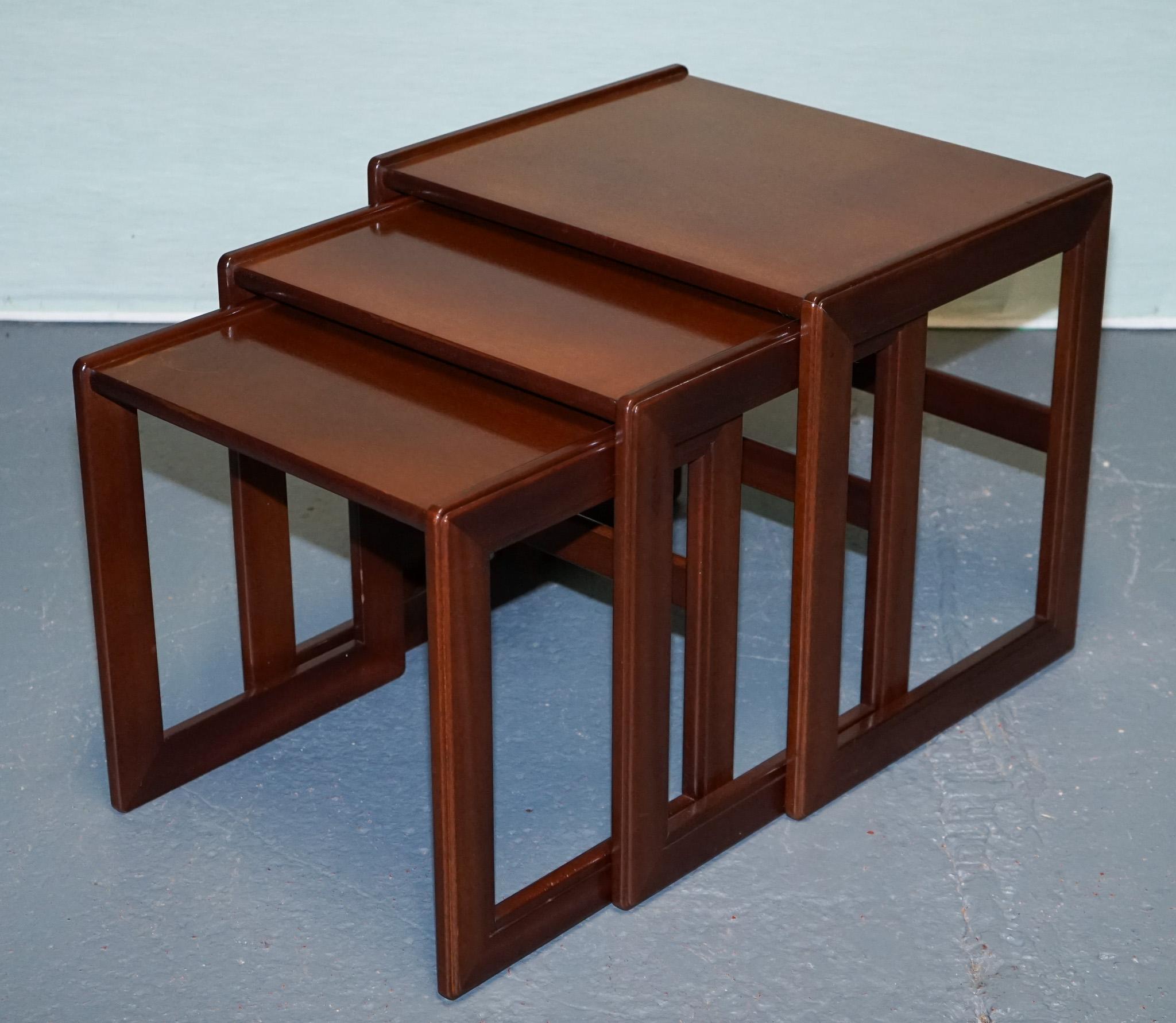 
Antiques of London



A stylish and versatile set of three mid-century nesting tables by G Plan, one of Britain’s most iconic furniture makers of the 20th century. Crafted in richly toned hardwood, these tables feature the clean lines, subtle