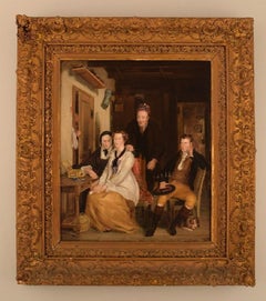 Peintre de genre britannique, huile sur carton, intérieur d'un salon avec personnes, XIXe siècle