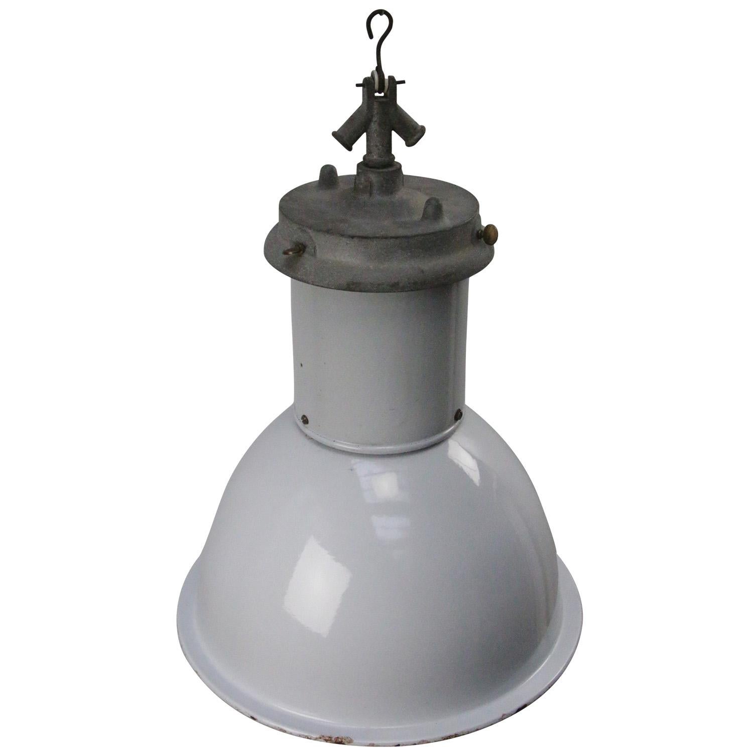 British vintage industrial hanging pendant. 
Light gray enamel with white interior. 

Weight 4.80 kg / 10.6 lb

Priced per individual item. All lamps have been made suitable by international standards for incandescent light bulbs,