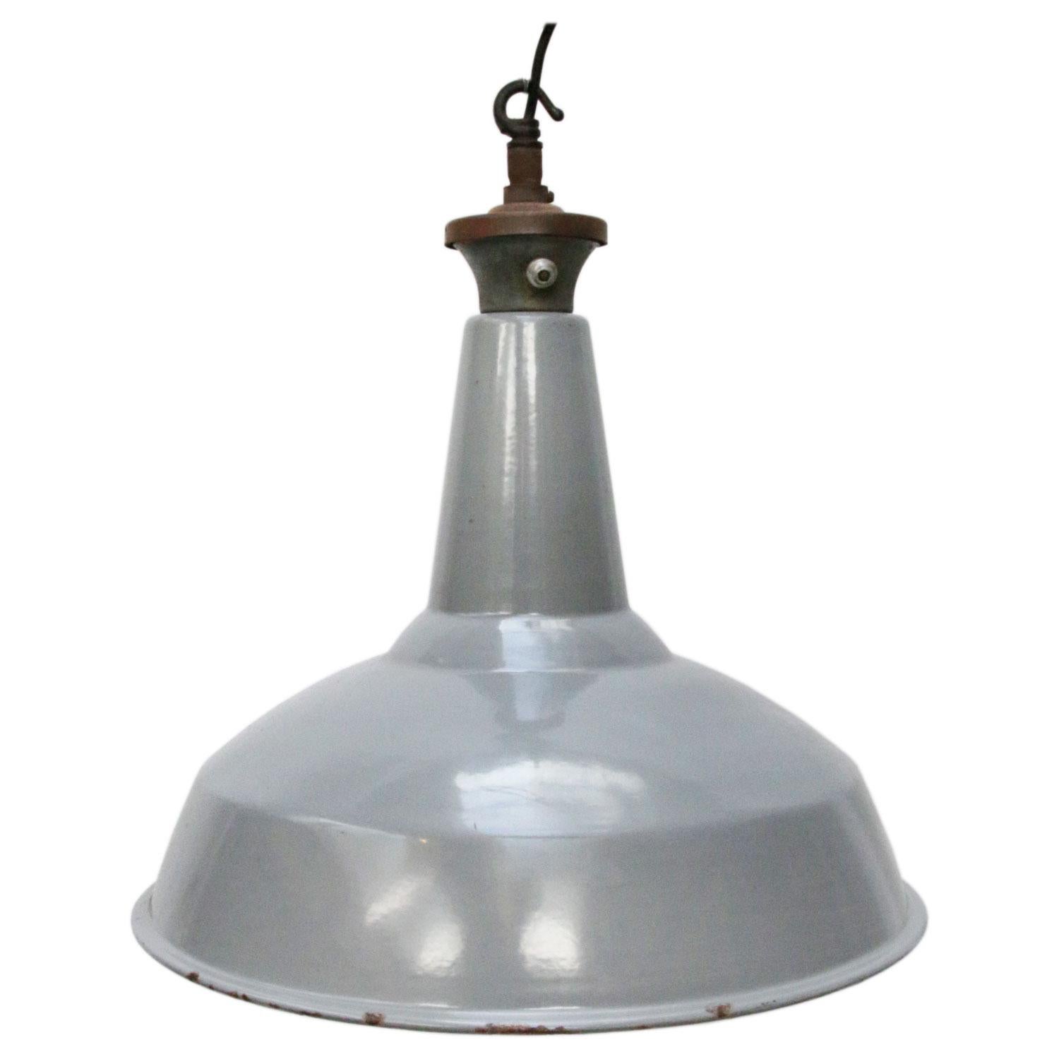 Cast British Gray Enamel Vintage Industrial Pendant Lamp For Sale