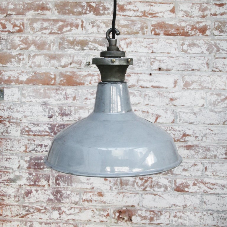 Snapshot of British Gray Enamel Vintage Industrial Pendant Light For Sale At 1Stdibs