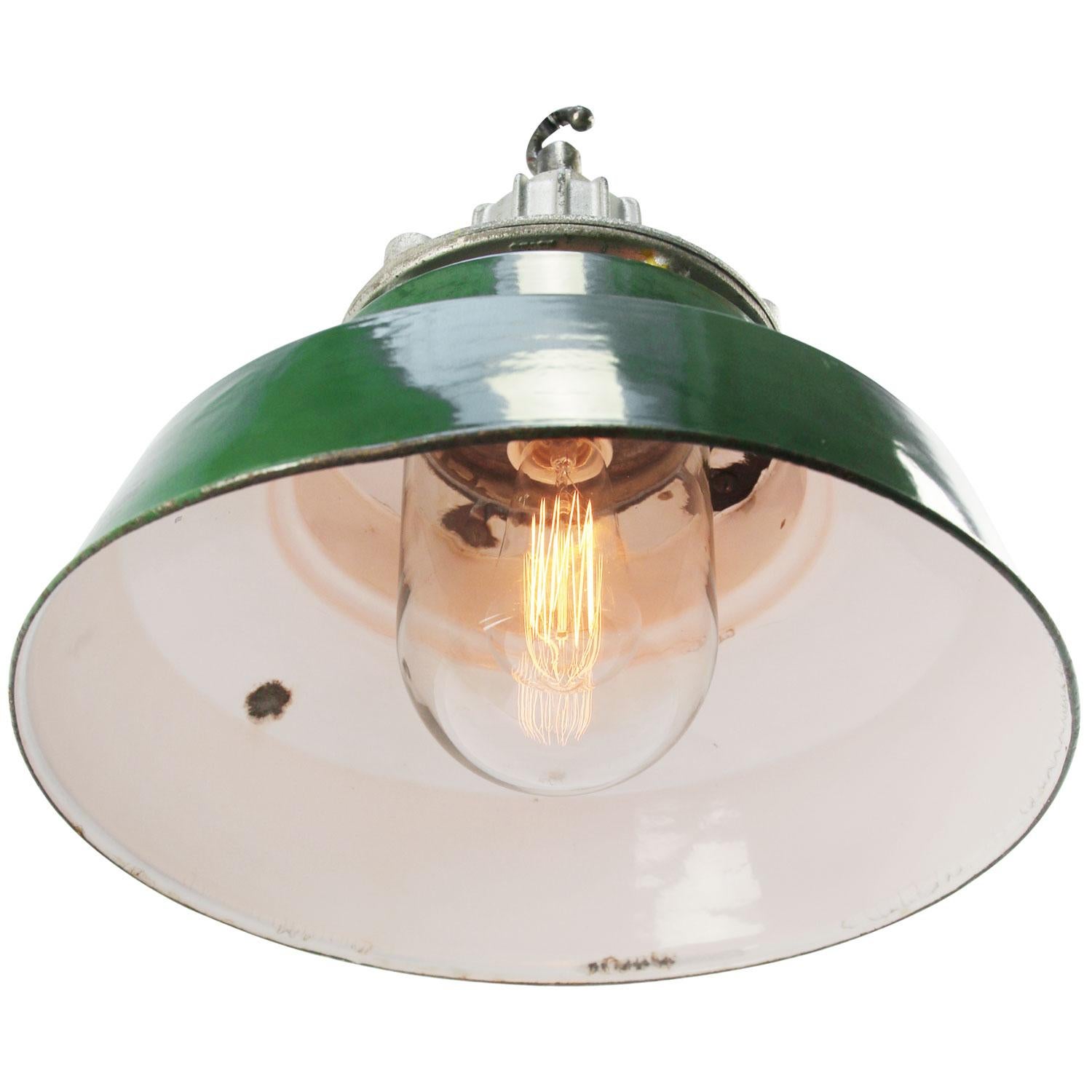 20th Century British Green Enamel Vintage Industrial Cast Iron Clear Glass Pendant Lamp For Sale