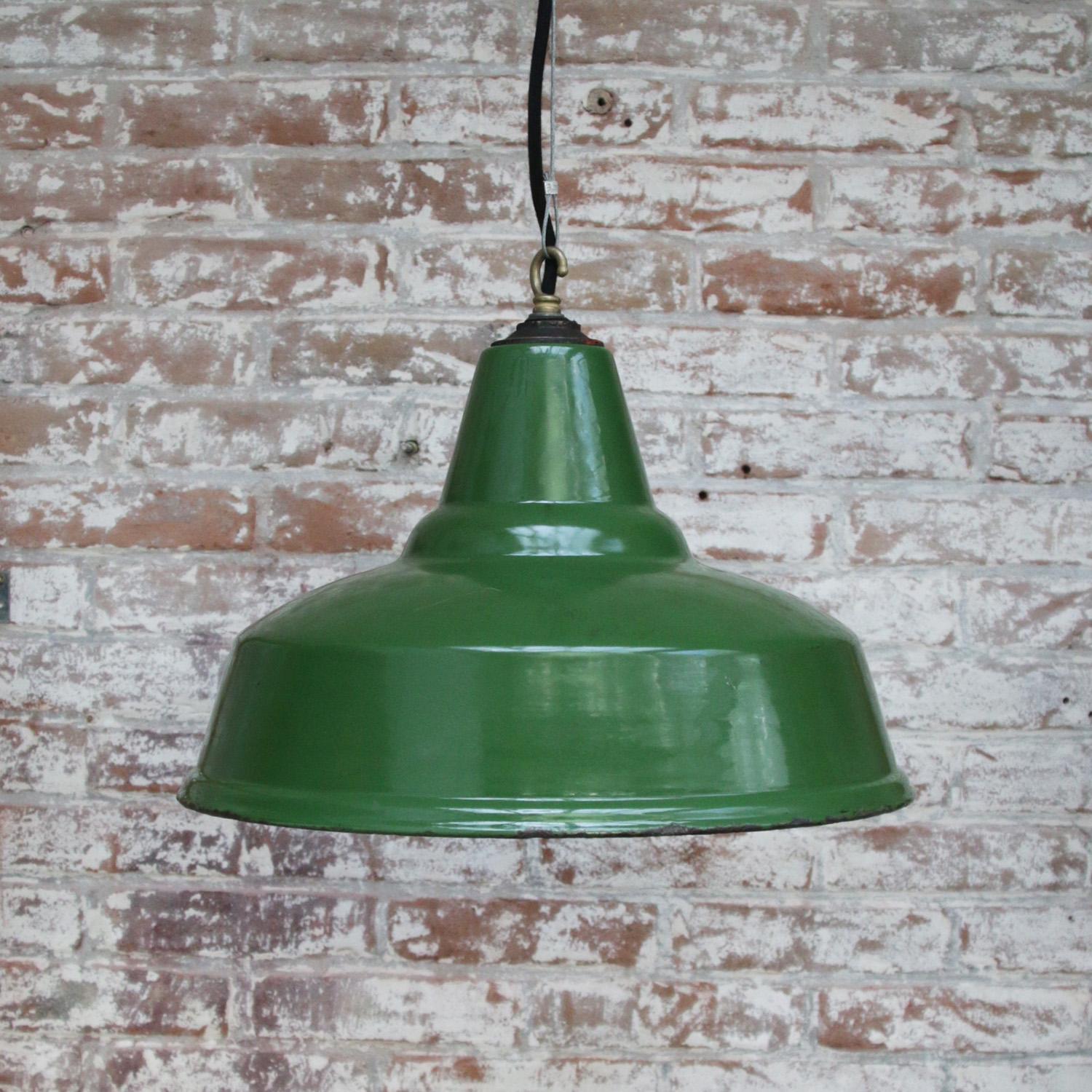 British Green Enamel Vintage Industrial Pendant Lights For Sale 1