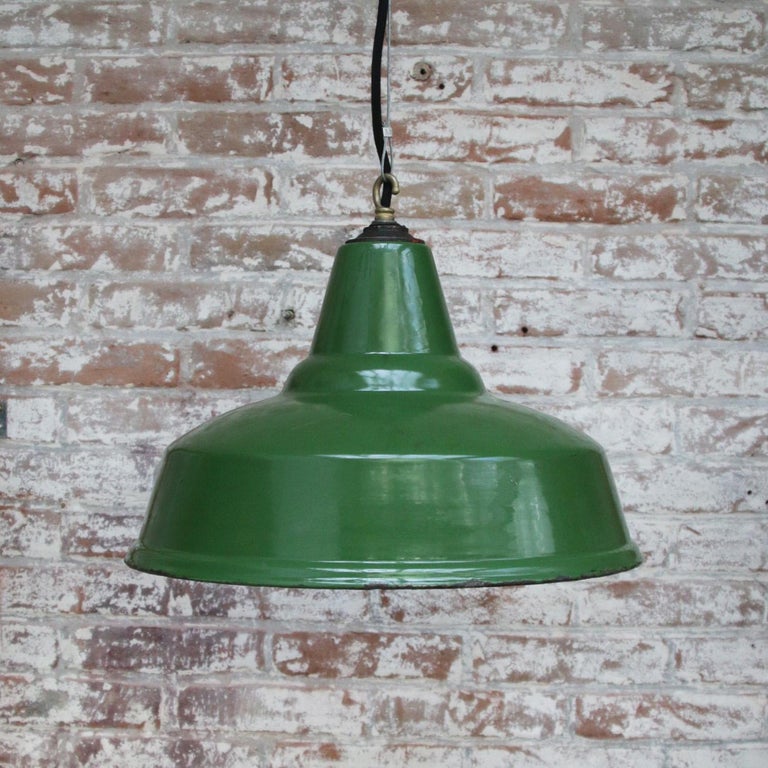 British Green Enamel Vintage Industrial Pendant Lights For Sale at 1stDibs