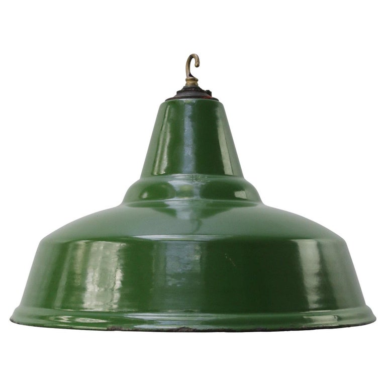British Green Enamel Vintage Industrial Pendant Lights For Sale at 1stDibs