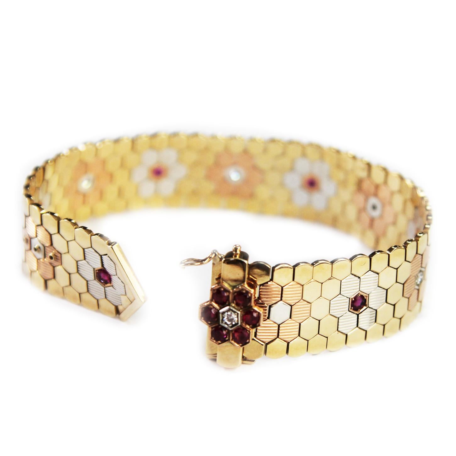 Retro Ruby & Diamond Buckle Bracelet in Yellow, White Rose Gold, 9K, British Vintage