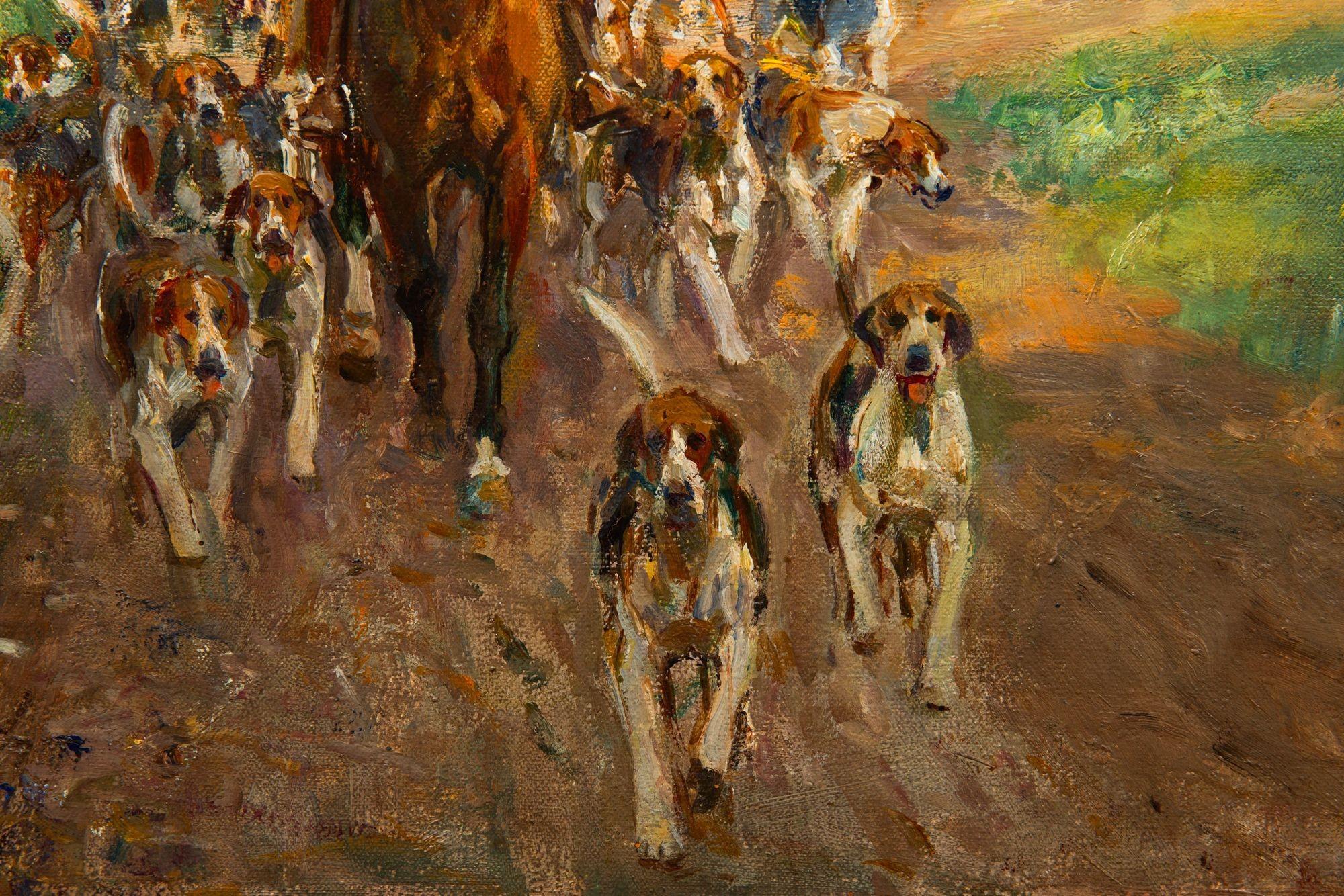 British Hunt Scene Oil Painting “Off to the Meet” by Lionel Dalhousie Edwards For Sale 3