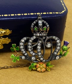 British Imperial Crown Diamond, Emerald, Enamel 18K Gold Brooch, London c1900's