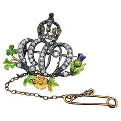 British Imperial Crown Diamond, Emerald, Enamel 18K Gold Brooch, London c1900
s