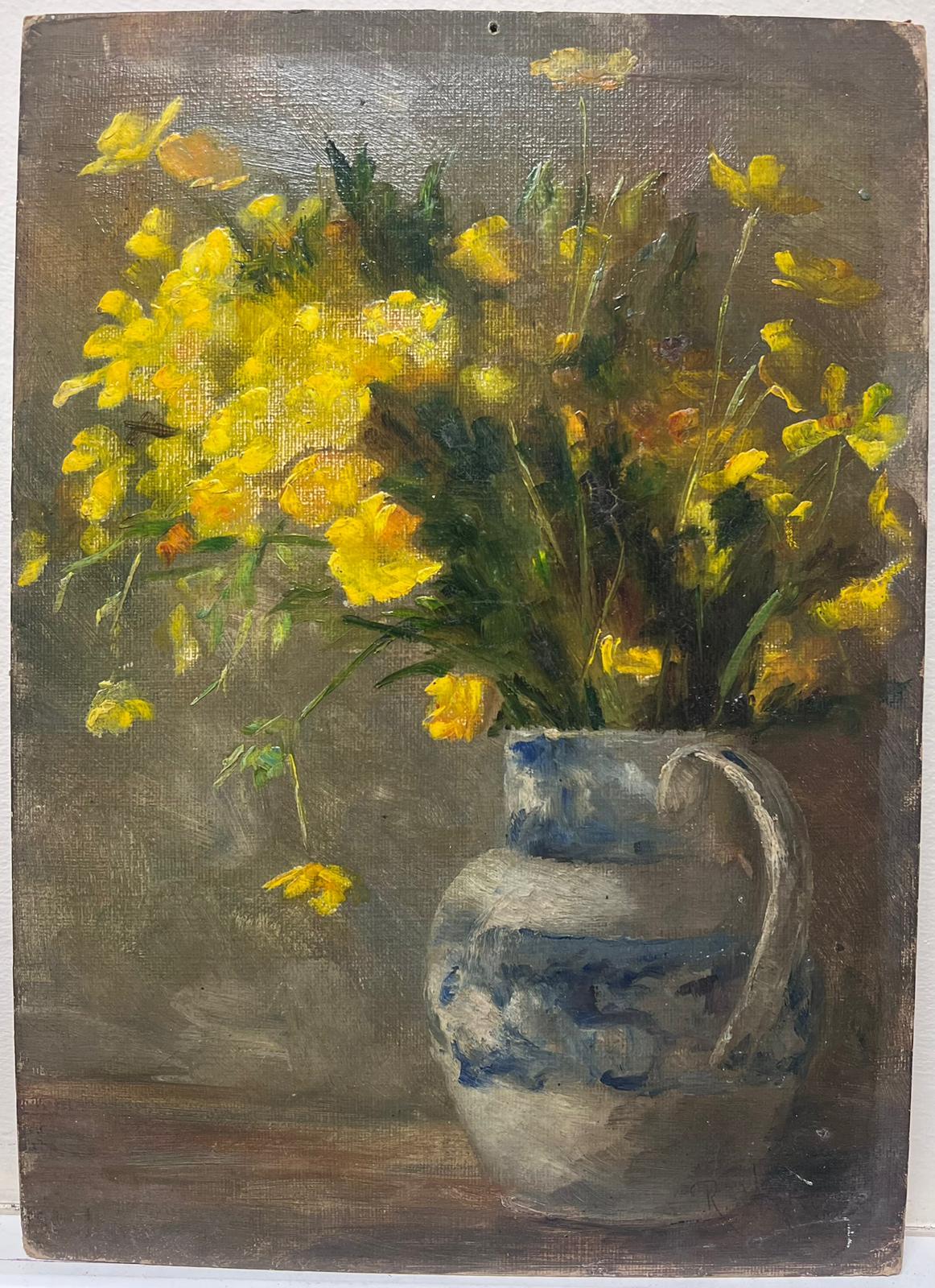 1920's English Impressionist Oil Painting Yellow Flowers in Blue & White Vase - Brown Interior Painting by British Impressionist