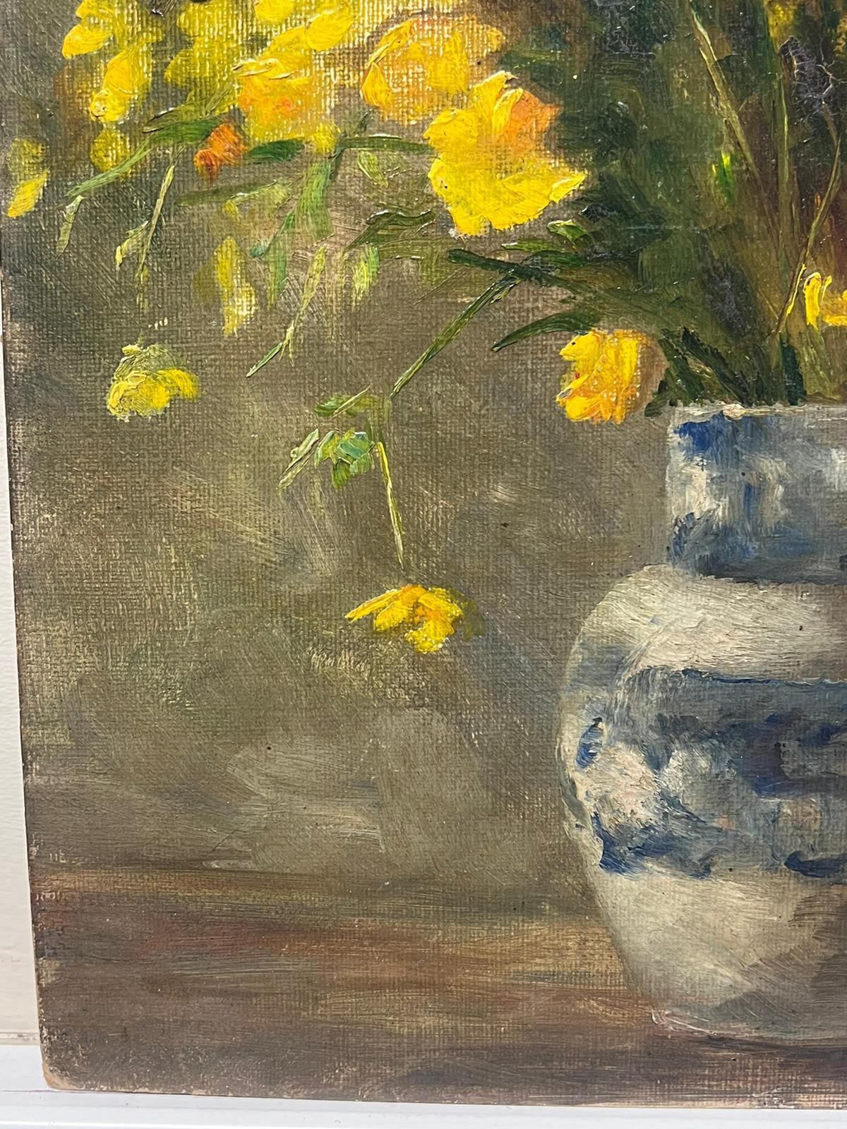 1920's English Impressionist Oil Painting Yellow Flowers in Blue & White Vase For Sale 1