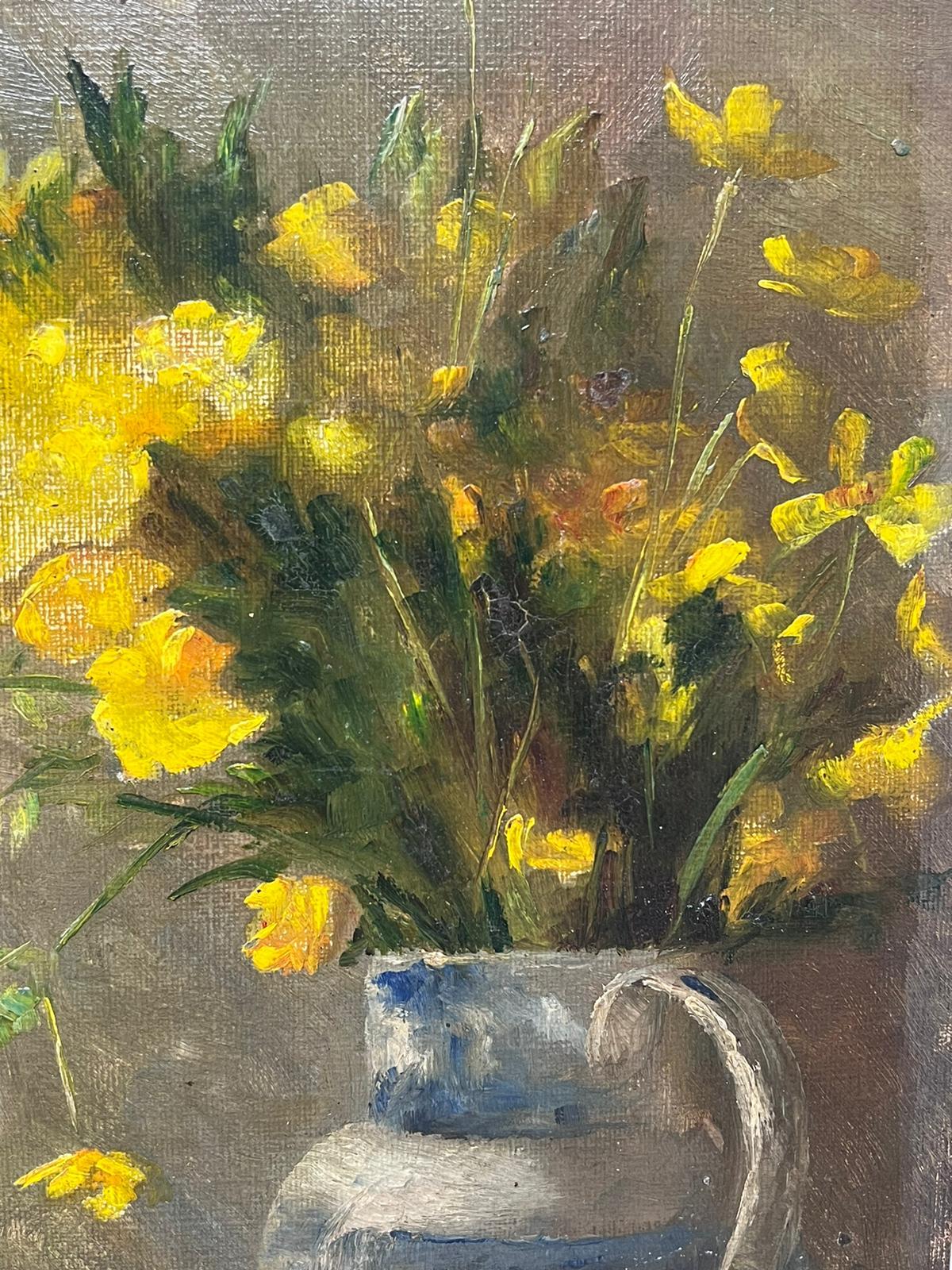 1920's English Impressionist Oil Painting Yellow Flowers in Blue & White Vase For Sale 3