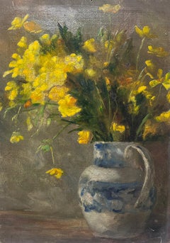 Peinture à l'huile English Impressionist des années 1920 Fleurs jaunes dans un vase bleu et blanc