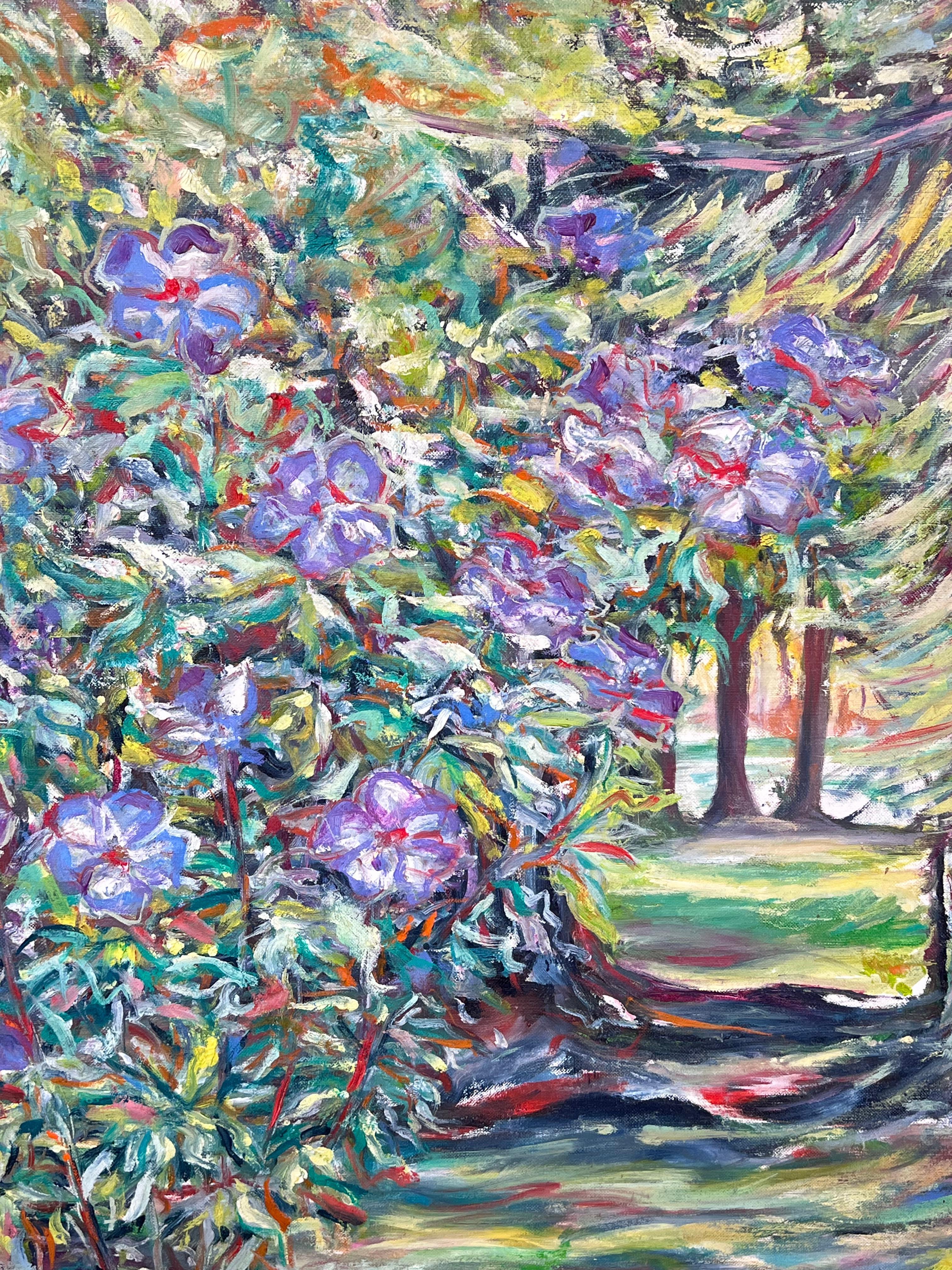Großes britisches impressionistisches Ölgemälde des 20. Jahrhunderts, signiert, Blumenstrauß, Gartenweg (Grau), Abstract Painting, von British Impressionist