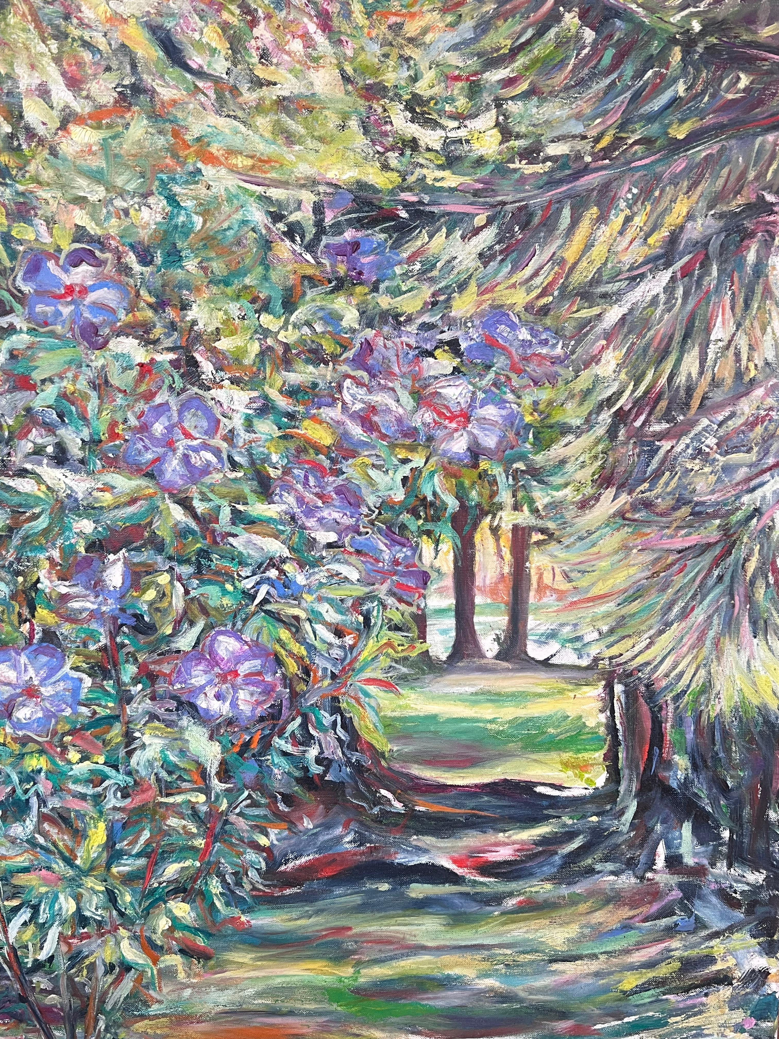 Großes britisches impressionistisches Ölgemälde des 20. Jahrhunderts, signiert, Blumenstrauß, Gartenweg im Angebot 4
