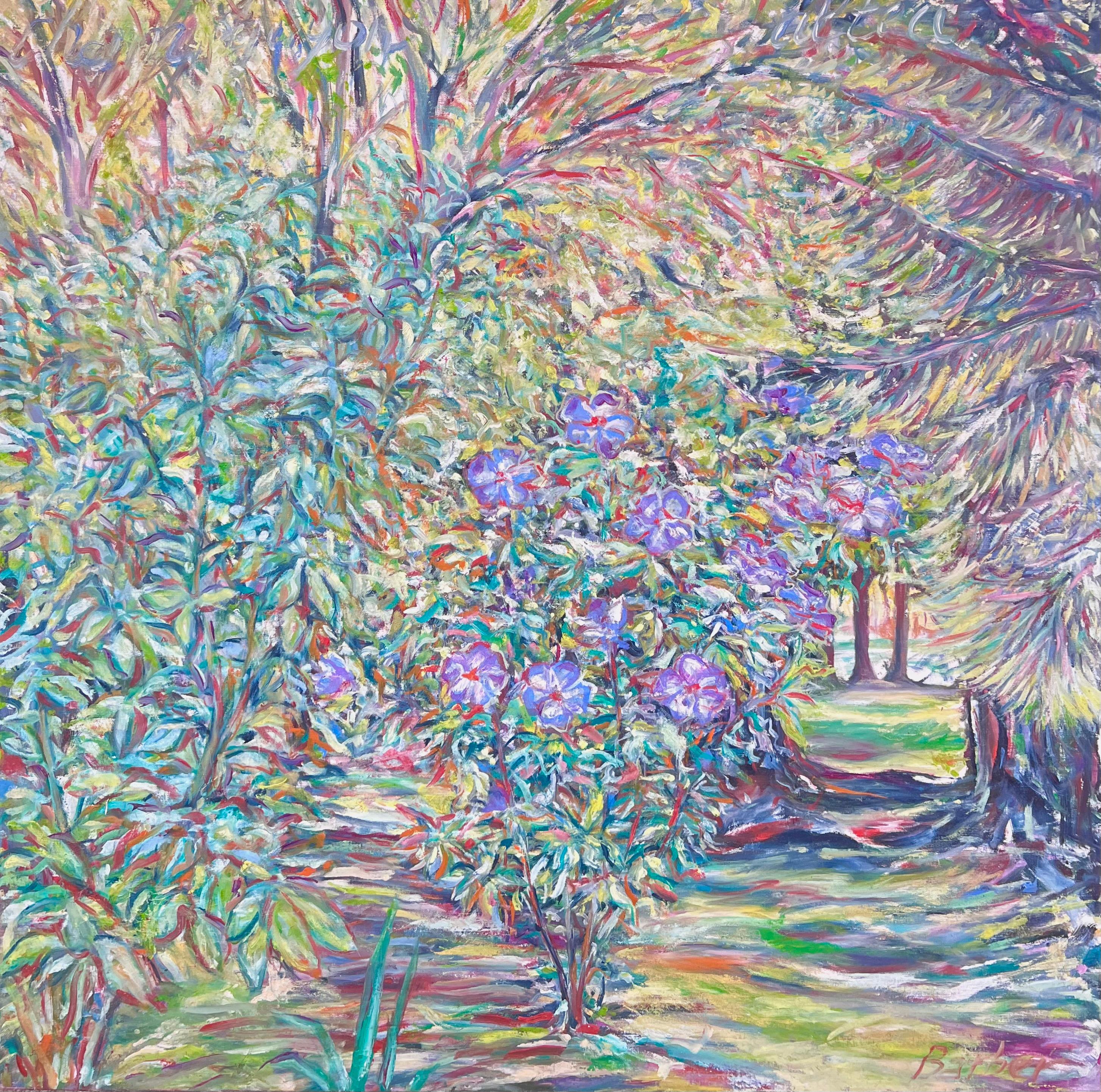 British Impressionist Abstract Painting – Großes britisches impressionistisches Ölgemälde des 20. Jahrhunderts, signiert, Blumenstrauß, Gartenweg