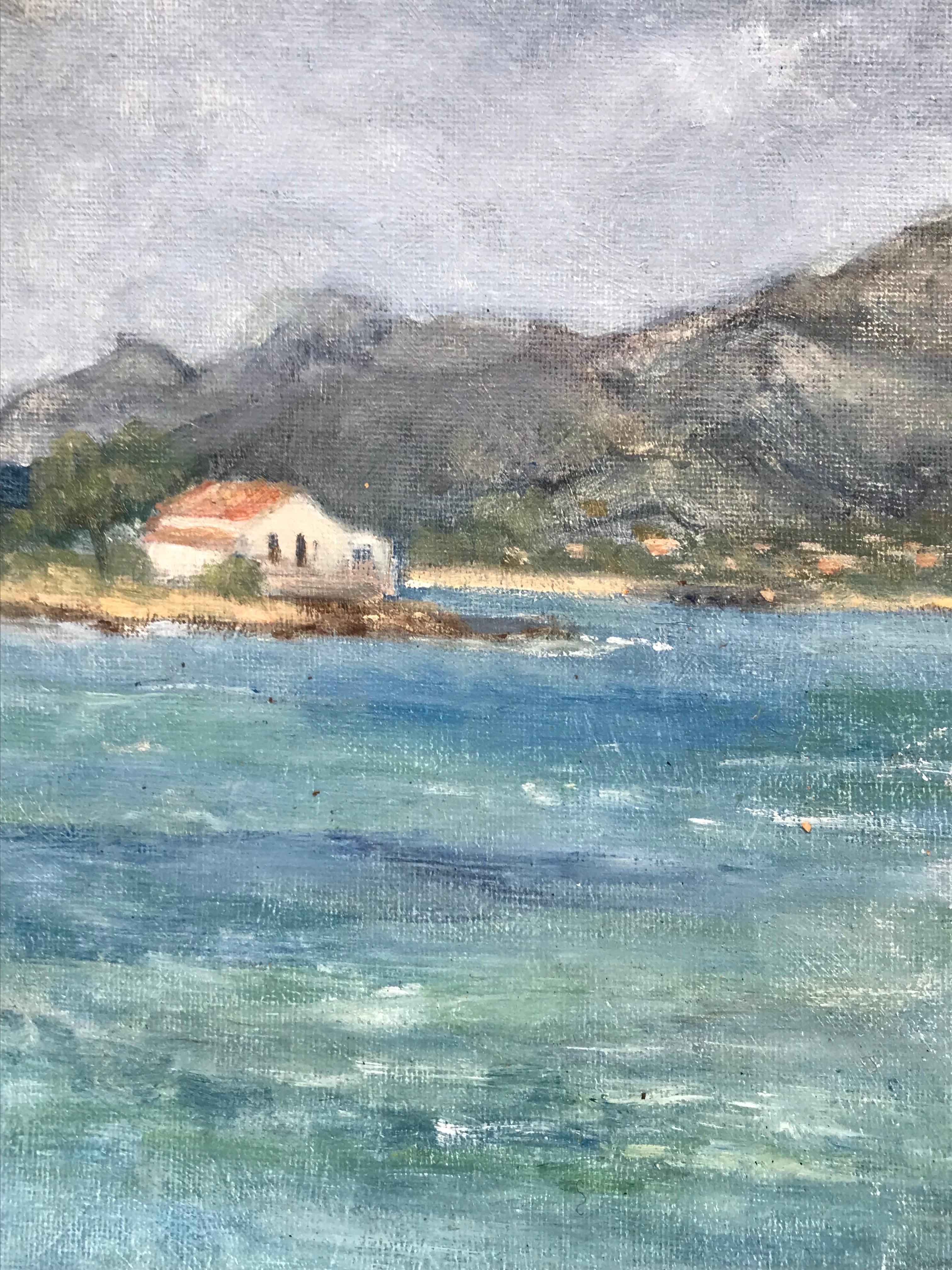 Vintage British Impressionist Oil Painting Tiny House on Coastal Seascape For Sale 2