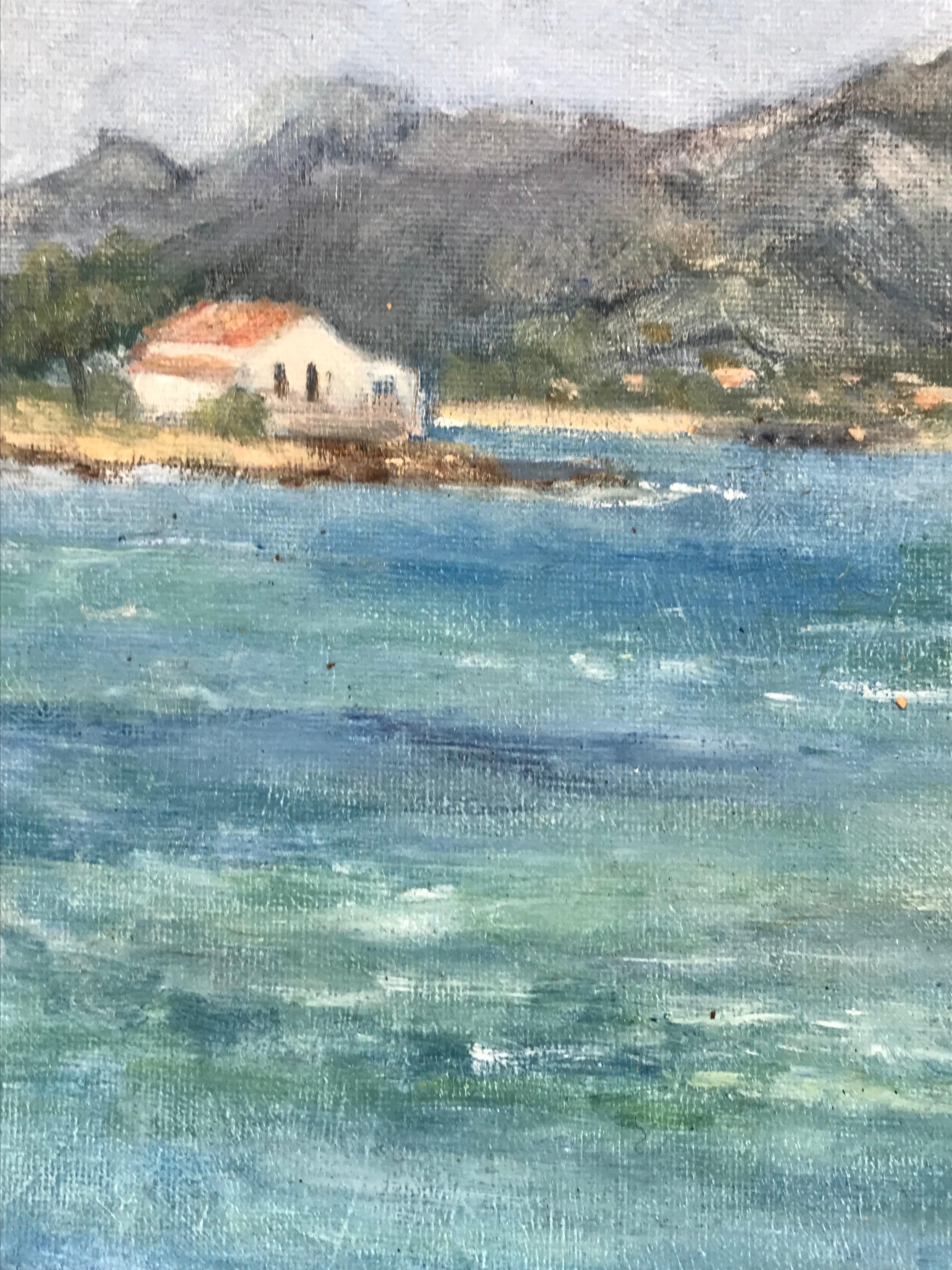 Vintage British Impressionist Oil Painting Tiny House on Coastal Seascape For Sale 3