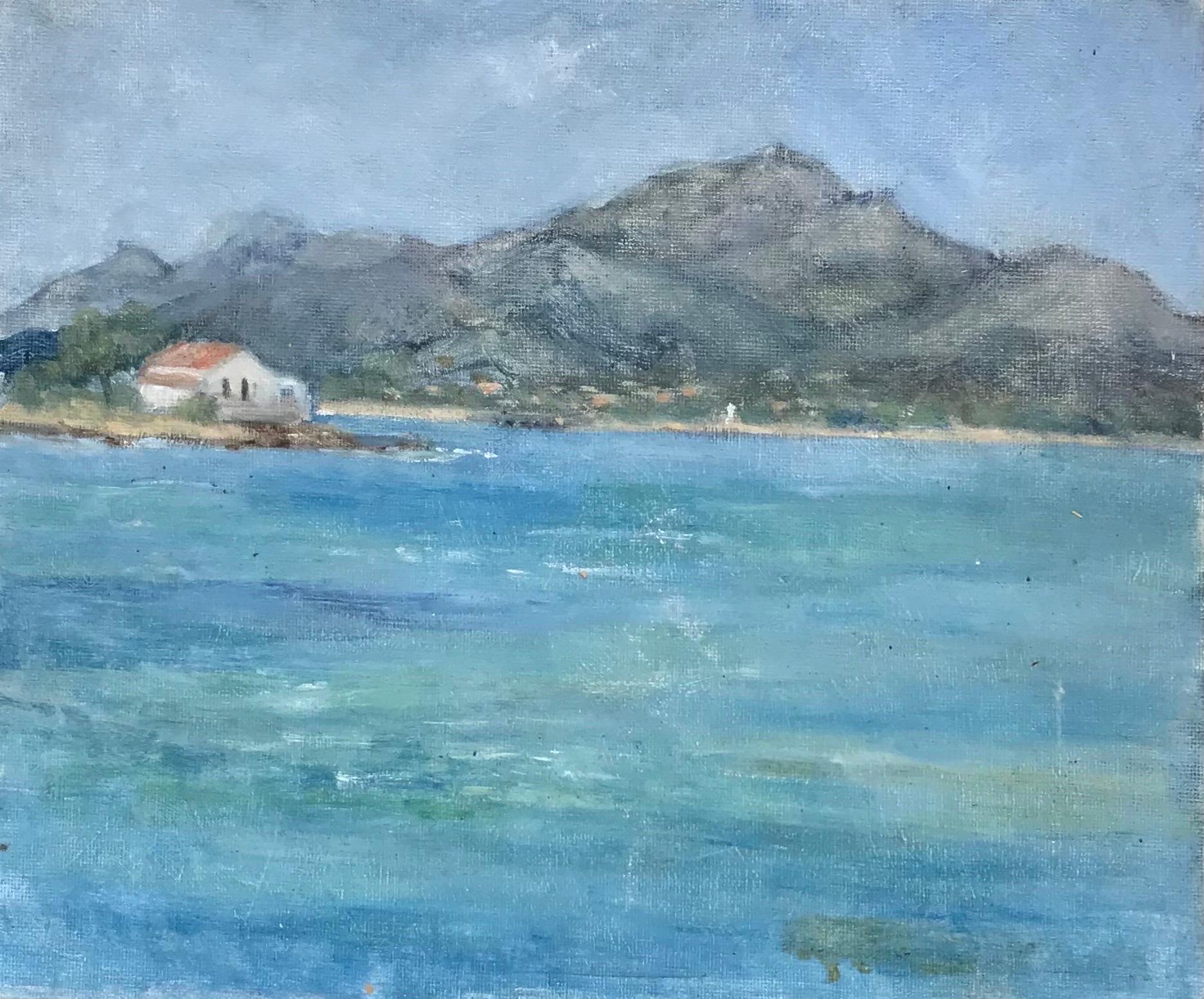 Landscape Painting de British Impressionist - Pintura al óleo impresionista británica vintage Casa diminuta en paisaje marino costero