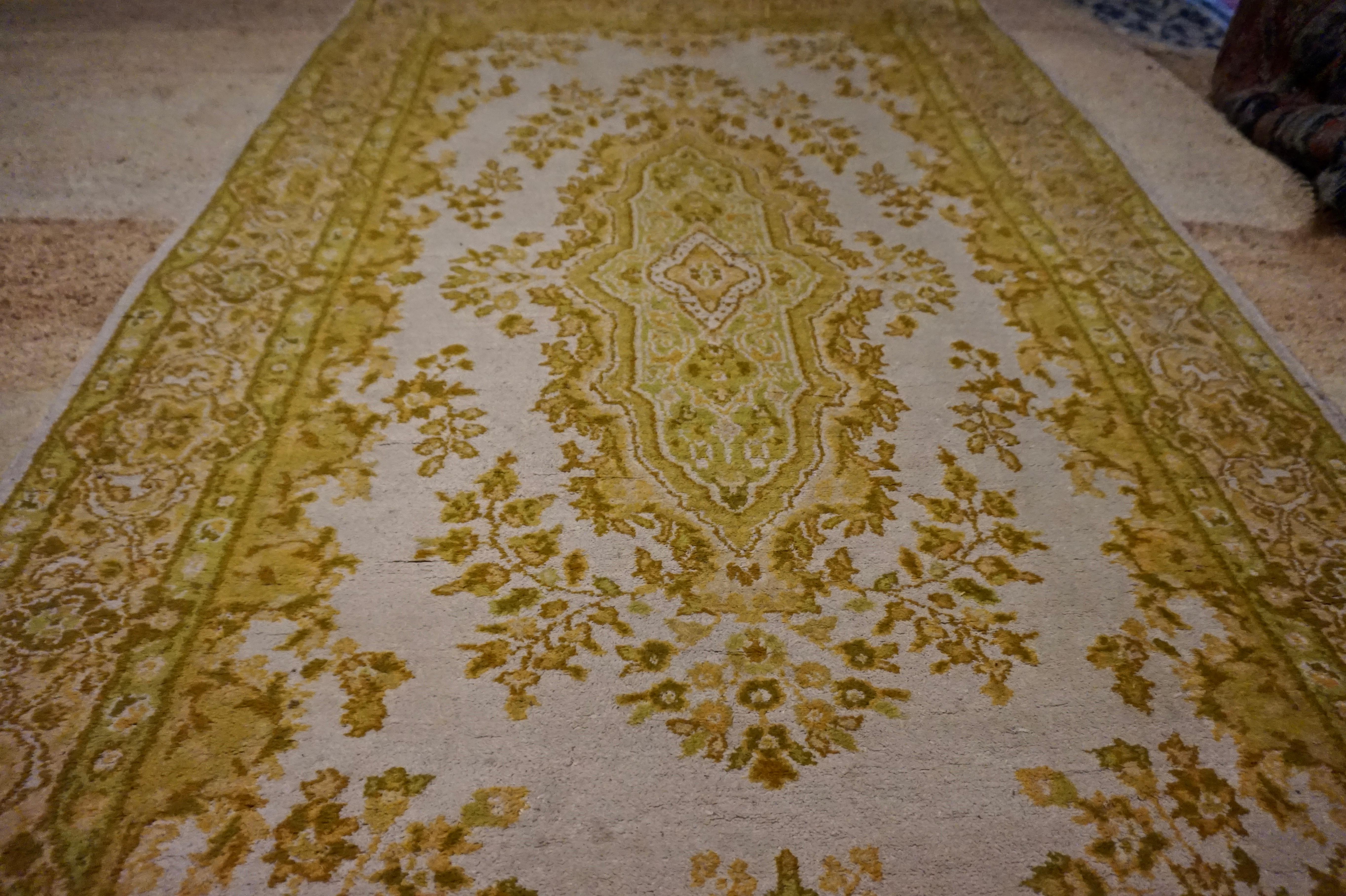 Hand-Knotted British India Kashmir Moss Green Pale Hand Knotted Kashan Wool Rug Unique Hue For Sale
