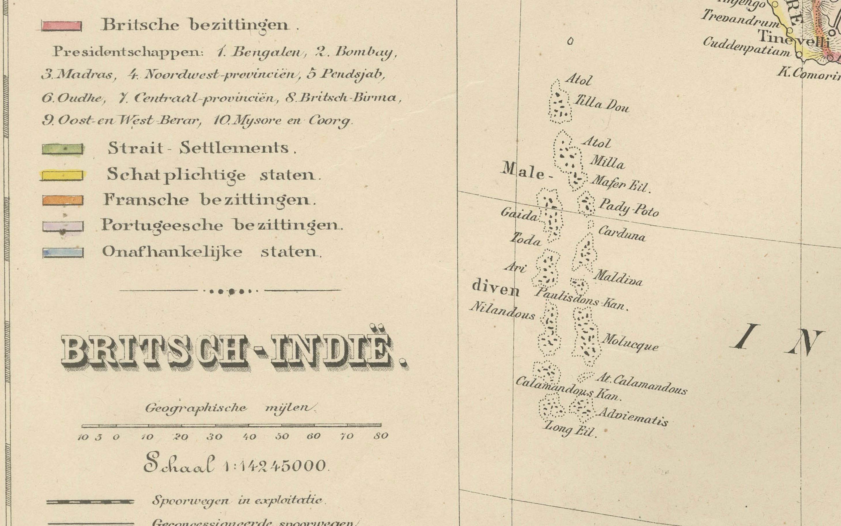 Carte des Indes britanniques avec la Birmanie et Ceylan - Nieuwe Hand-Atlas, Leiden 1876 Bon état - En vente à Langweer, NL