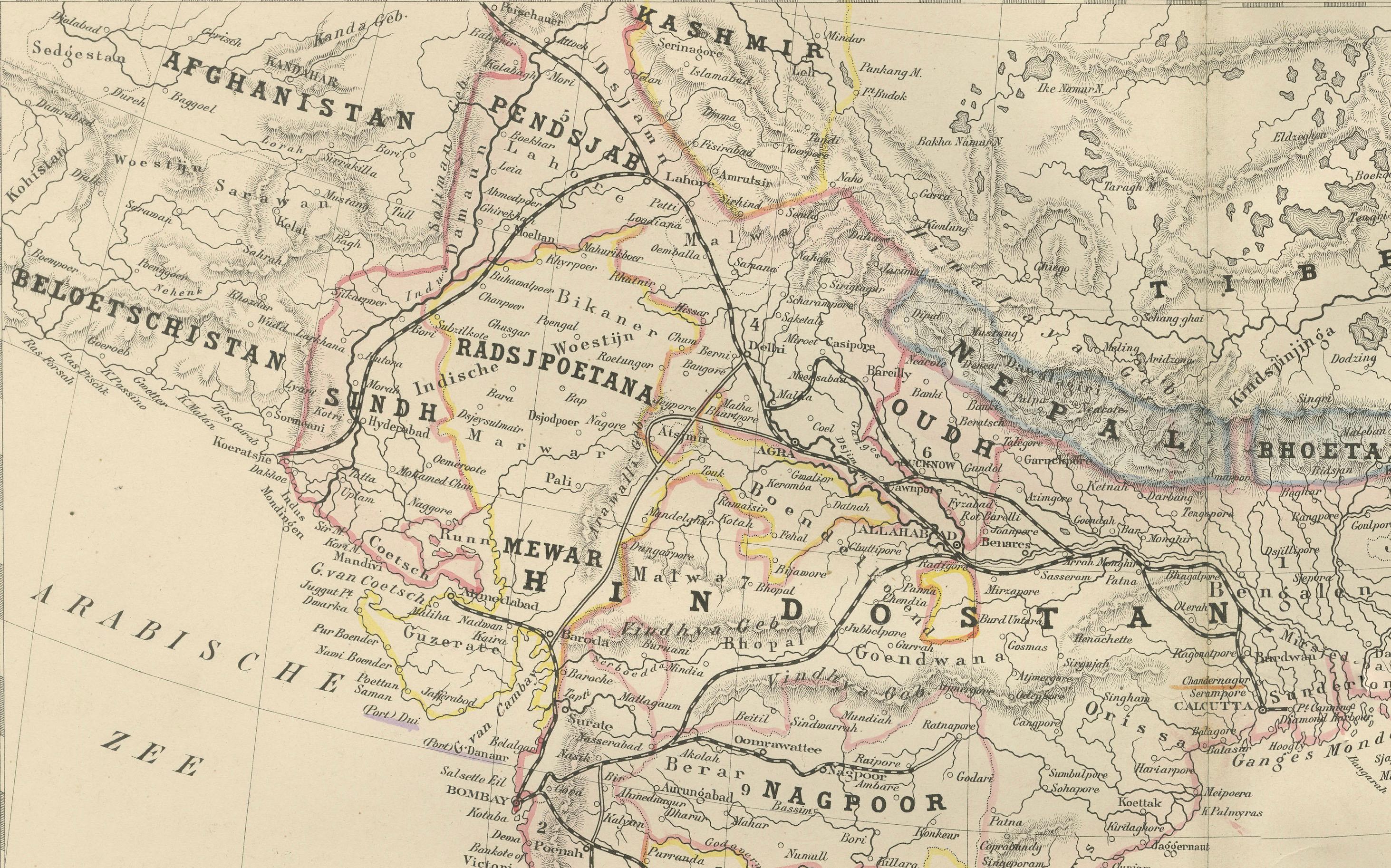 Papier Carte des Indes britanniques avec la Birmanie et Ceylan - Nieuwe Hand-Atlas, Leiden 1876 en vente