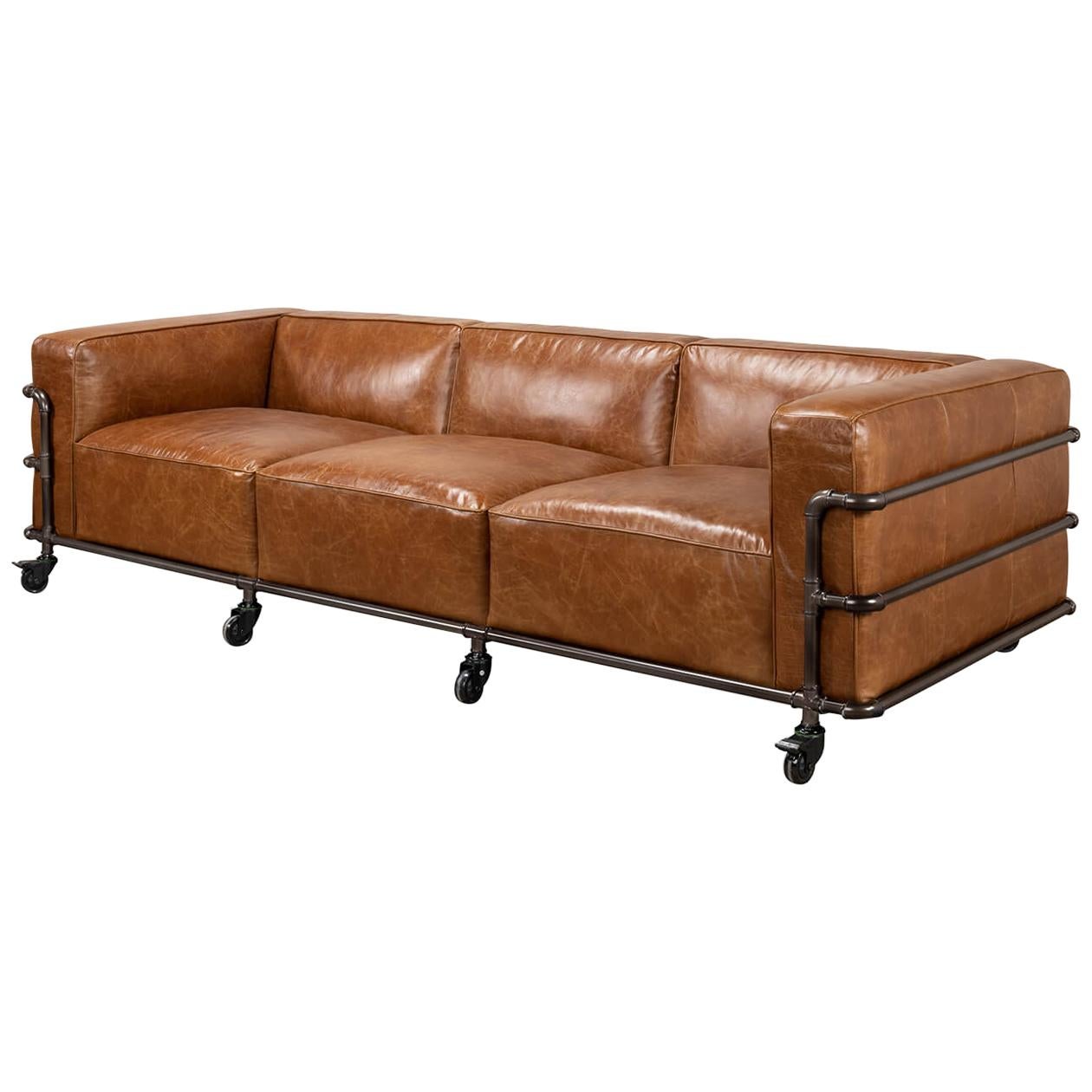 British Industrial Leather Sofa For Sale