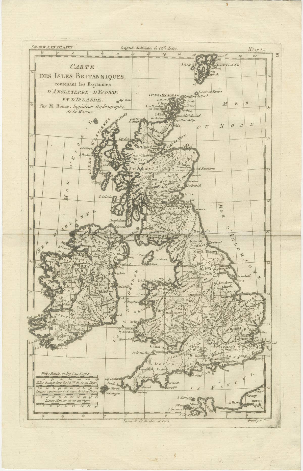 British Isles – England, Scotland & Ireland Antique Map, Bonne c1780
