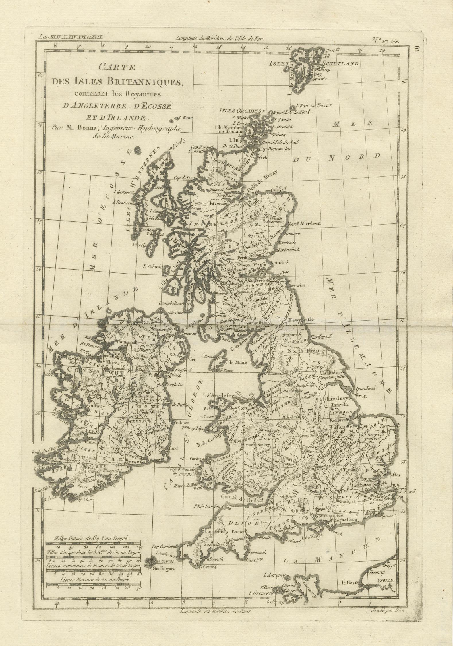 British Isles – England, Scotland & Ireland Antique Map, Bonne c1780