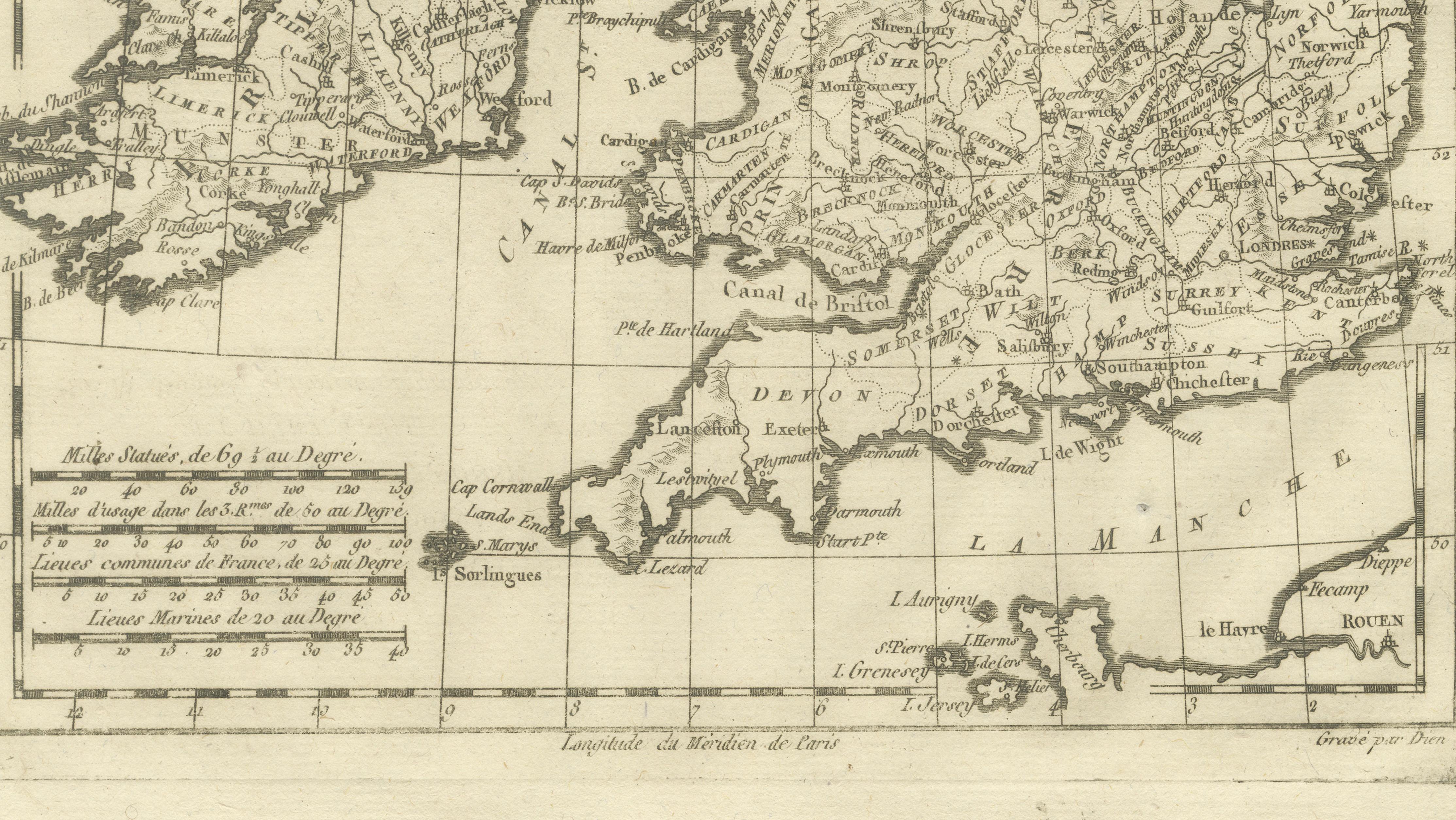 British Isles – England, Scotland & Ireland Antique Map, Bonne c1780