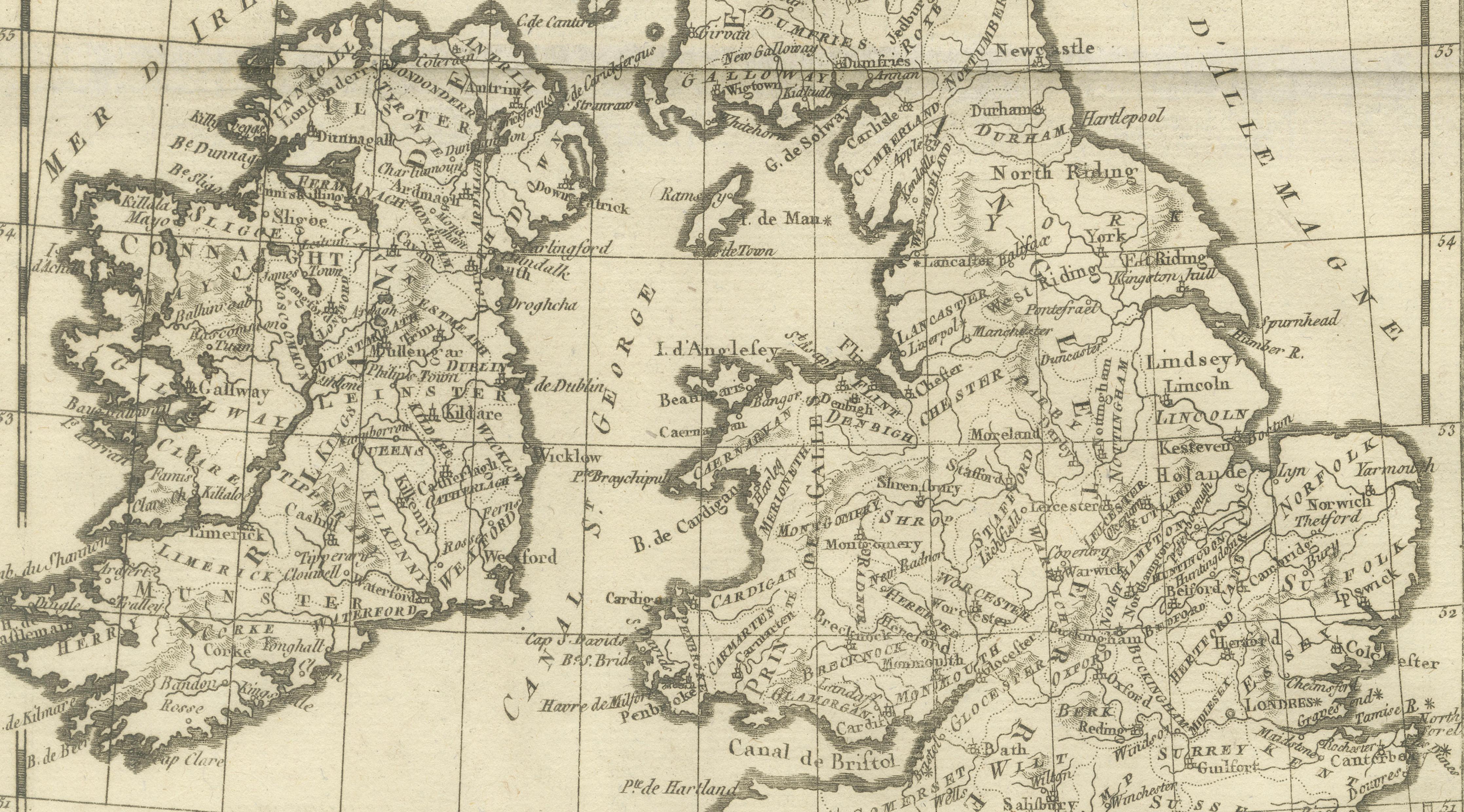 British Isles – England, Scotland & Ireland Antique Map, Bonne c1780