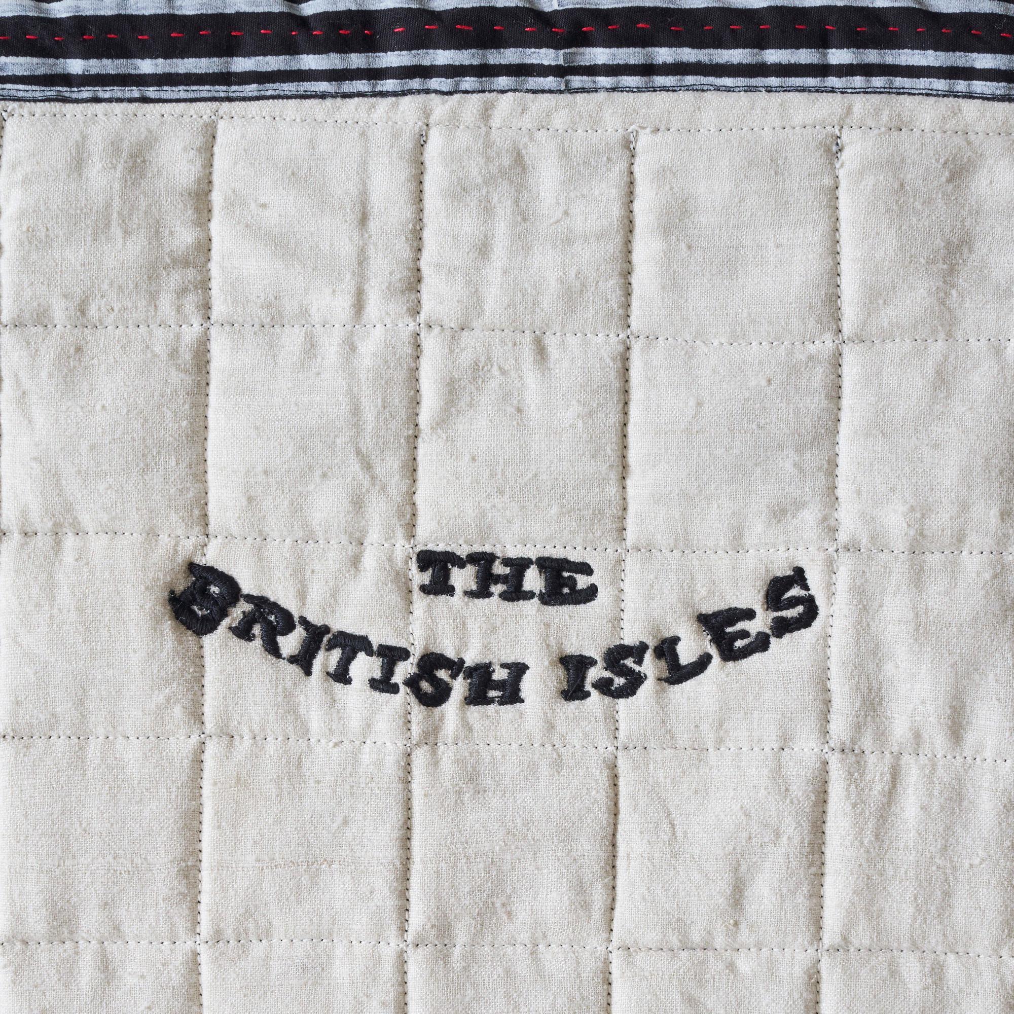Embroidered British Isles Quilt, Illustrative Silk Wall Hung Map For Sale