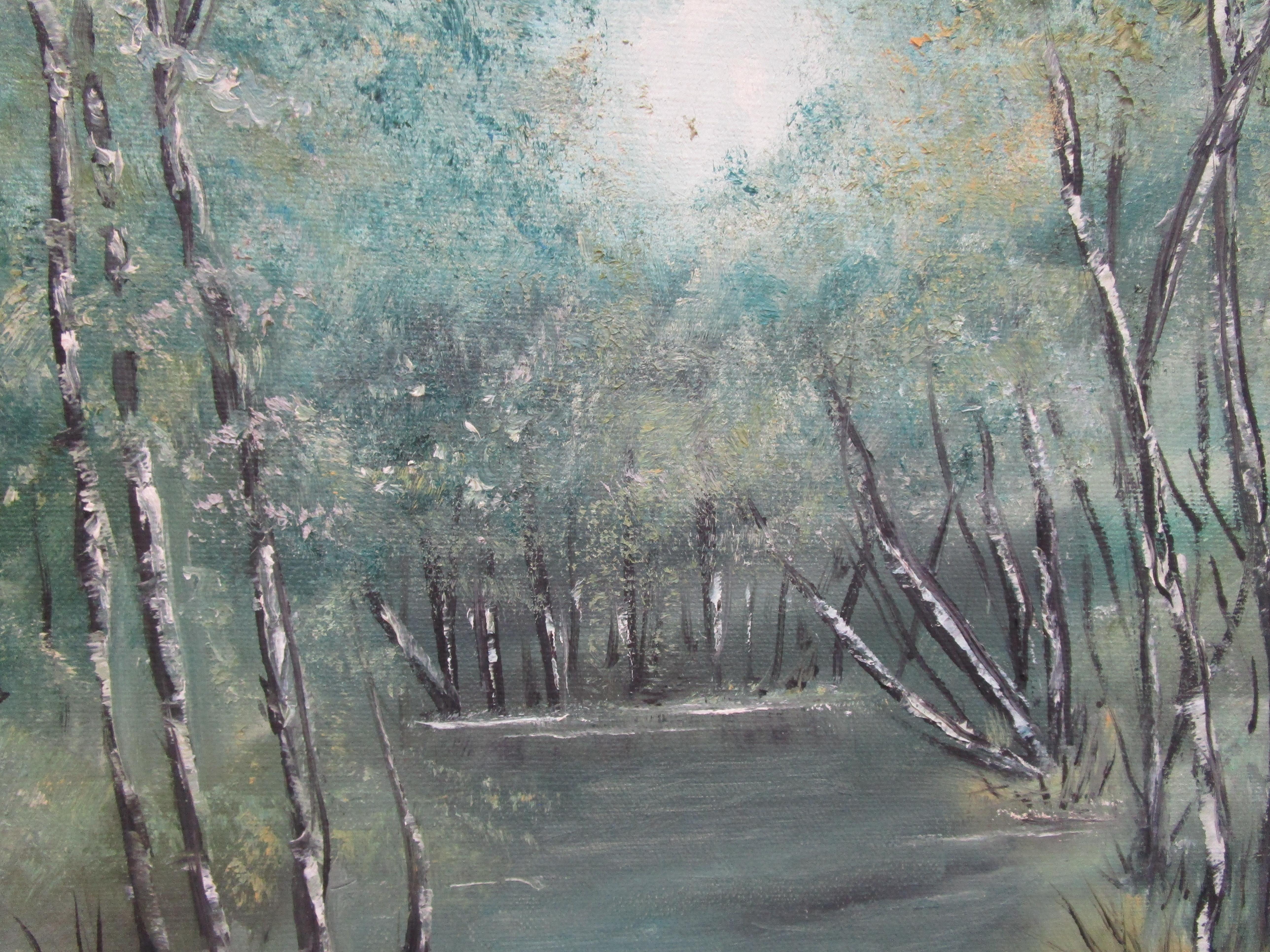Cette huile sereine sur toile a été peinte par une artiste britannique connue pour ses paysages pastoraux paisibles, Annette Elias--1849-1921. Cette composition capture un bosquet de bouleaux ensoleillé près d'un ruisseau tranquille, rendu en