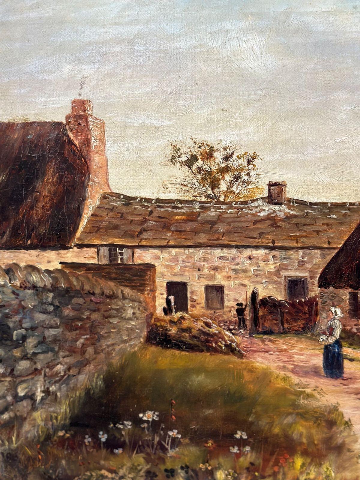 Serene oil on canvas depicting a small cottage with a lady standing on the little path. The art piece was made in the United Kingdom in the Late 19th Century and includes original gilt-wood frame. The painting is signed by the artist on the lower