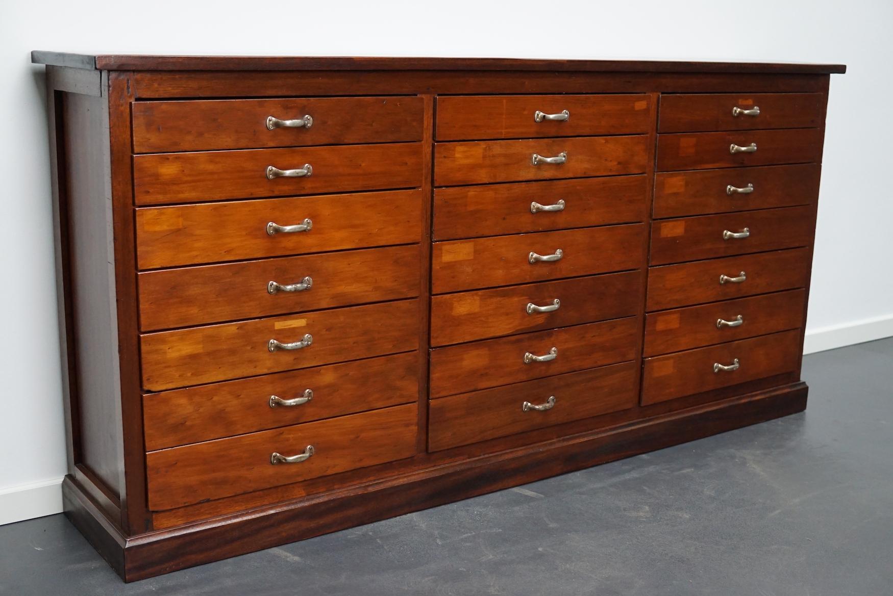 Industrial British Mahogany Apothecary Cabinet or Bank of Drawers, 1930s