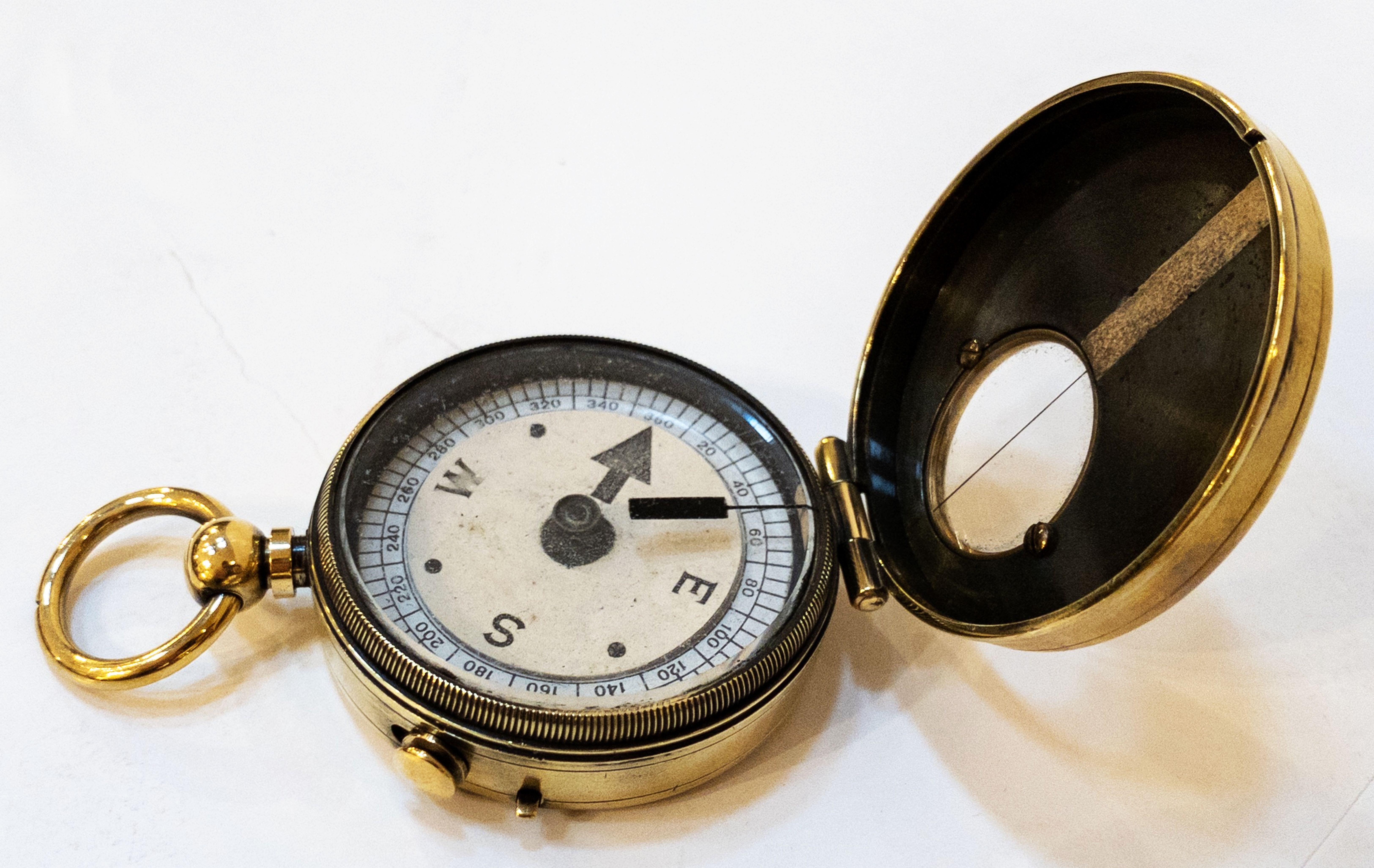 20th Century British Marching Compass of Brass with Leather Case